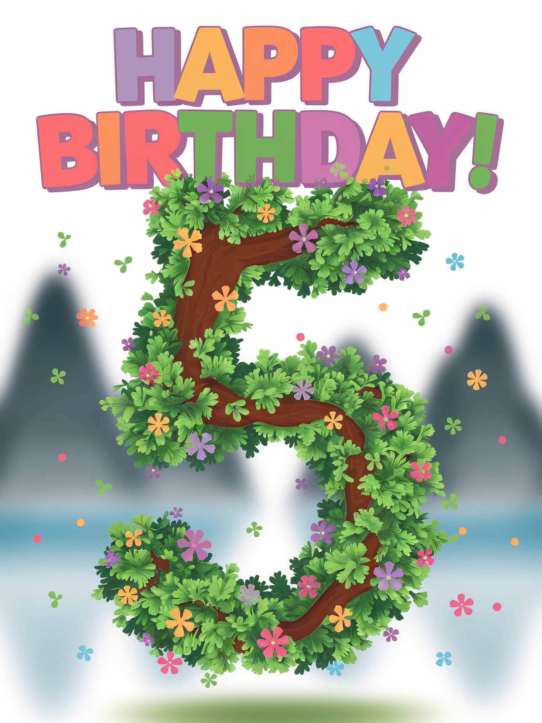 Happy 5th Birthday Floral Tree Illustration