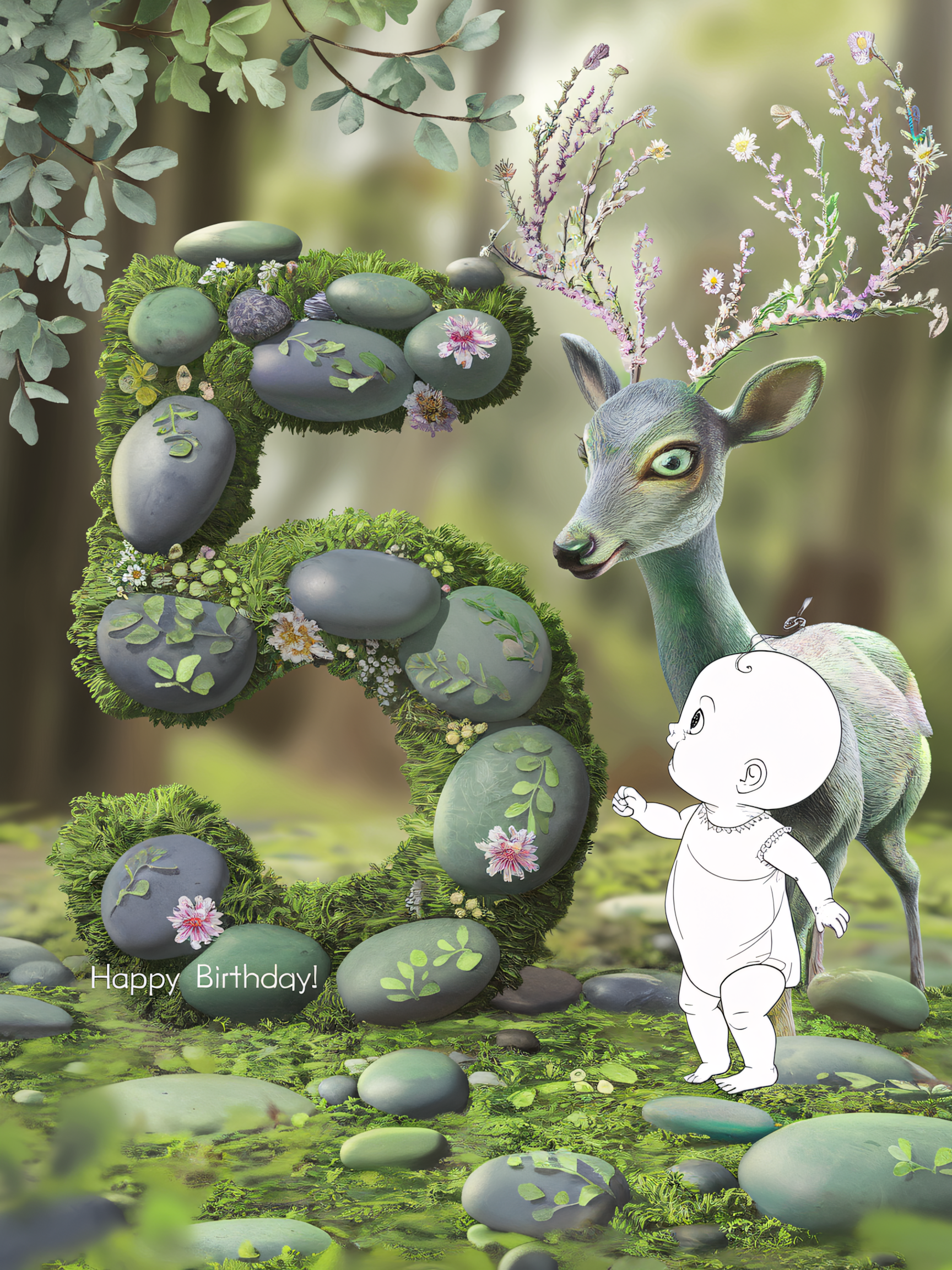 Magical Fifth Birthday Scene with Deer and Baby