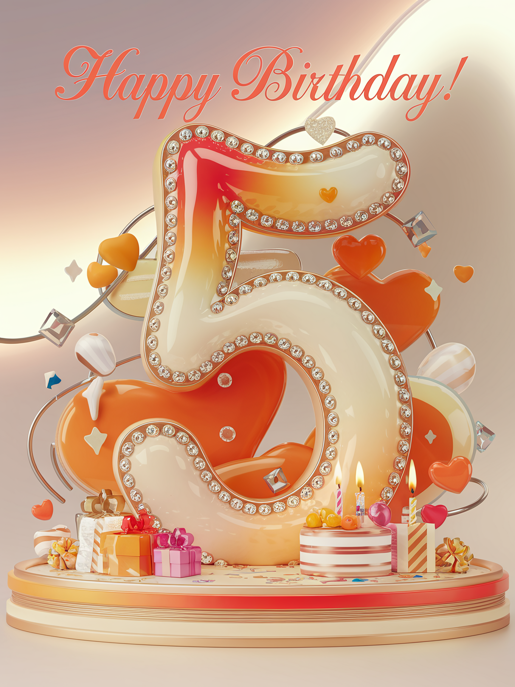 Happy 5th Birthday: 3D Render of Number Five with Cake and Gifts