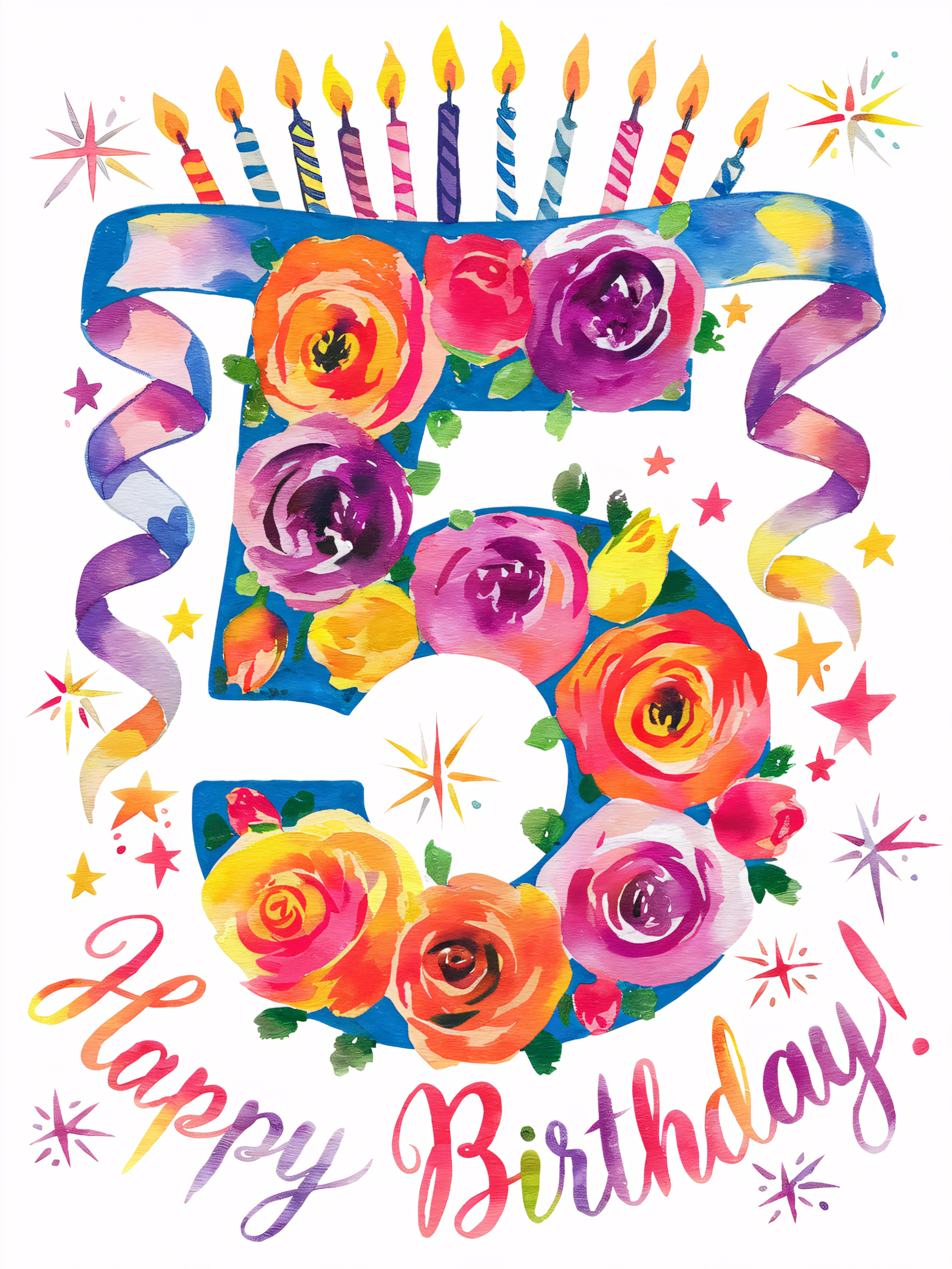 Watercolor Floral Number Five Birthday Card