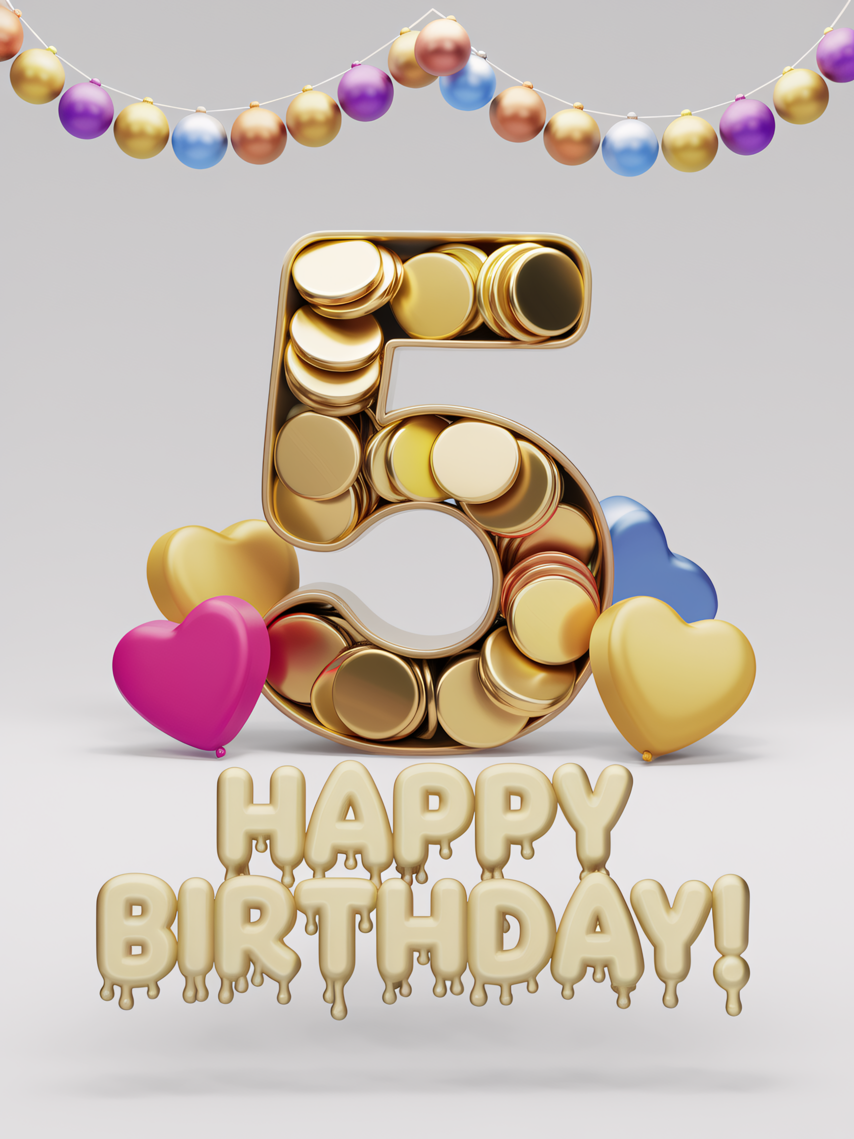5th Birthday Celebration: Gold Number Five with Balloons and Happy Birthday Text