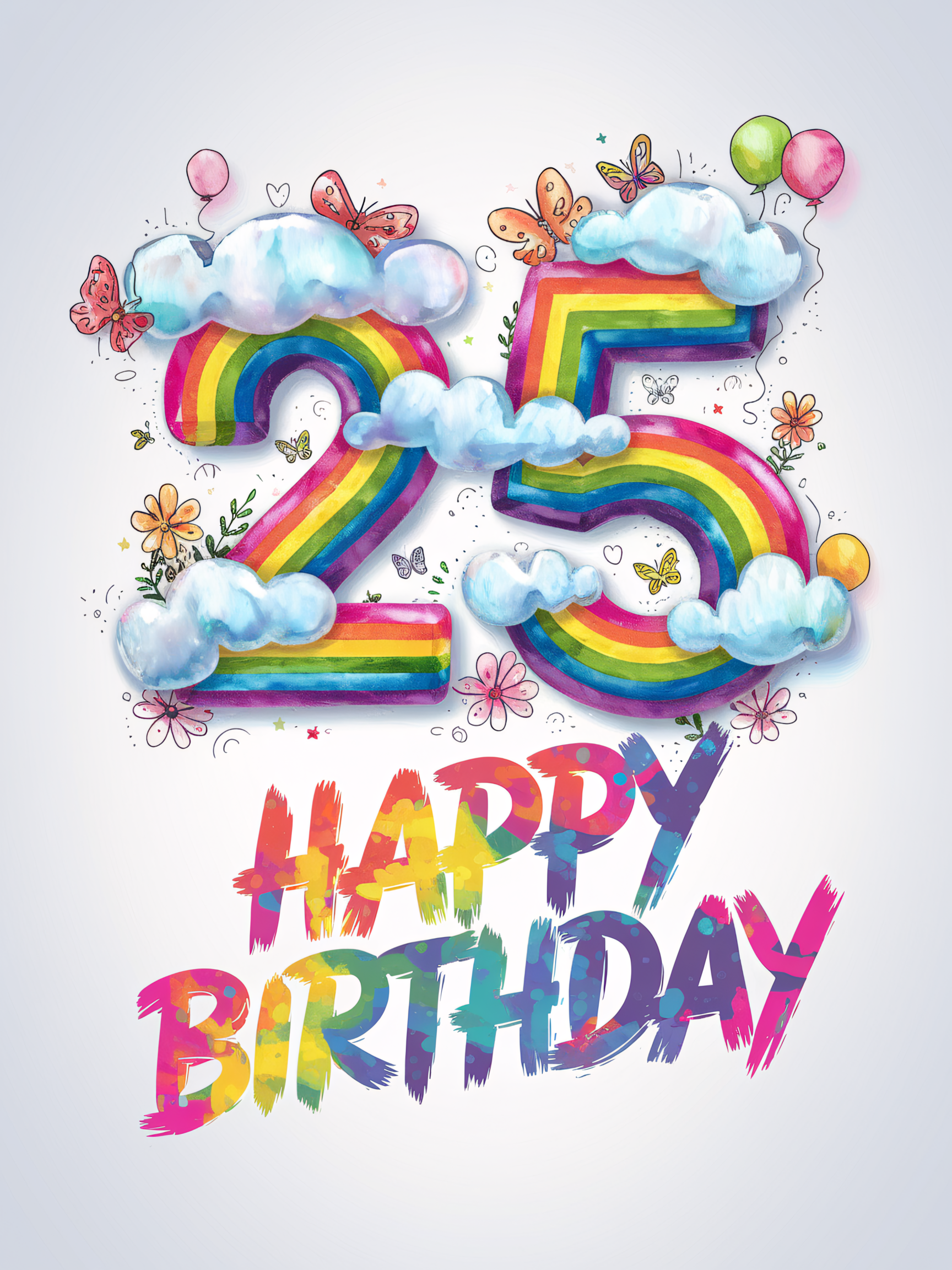 25th Birthday Watercolor Illustration: Rainbow Clouds and Butterflies