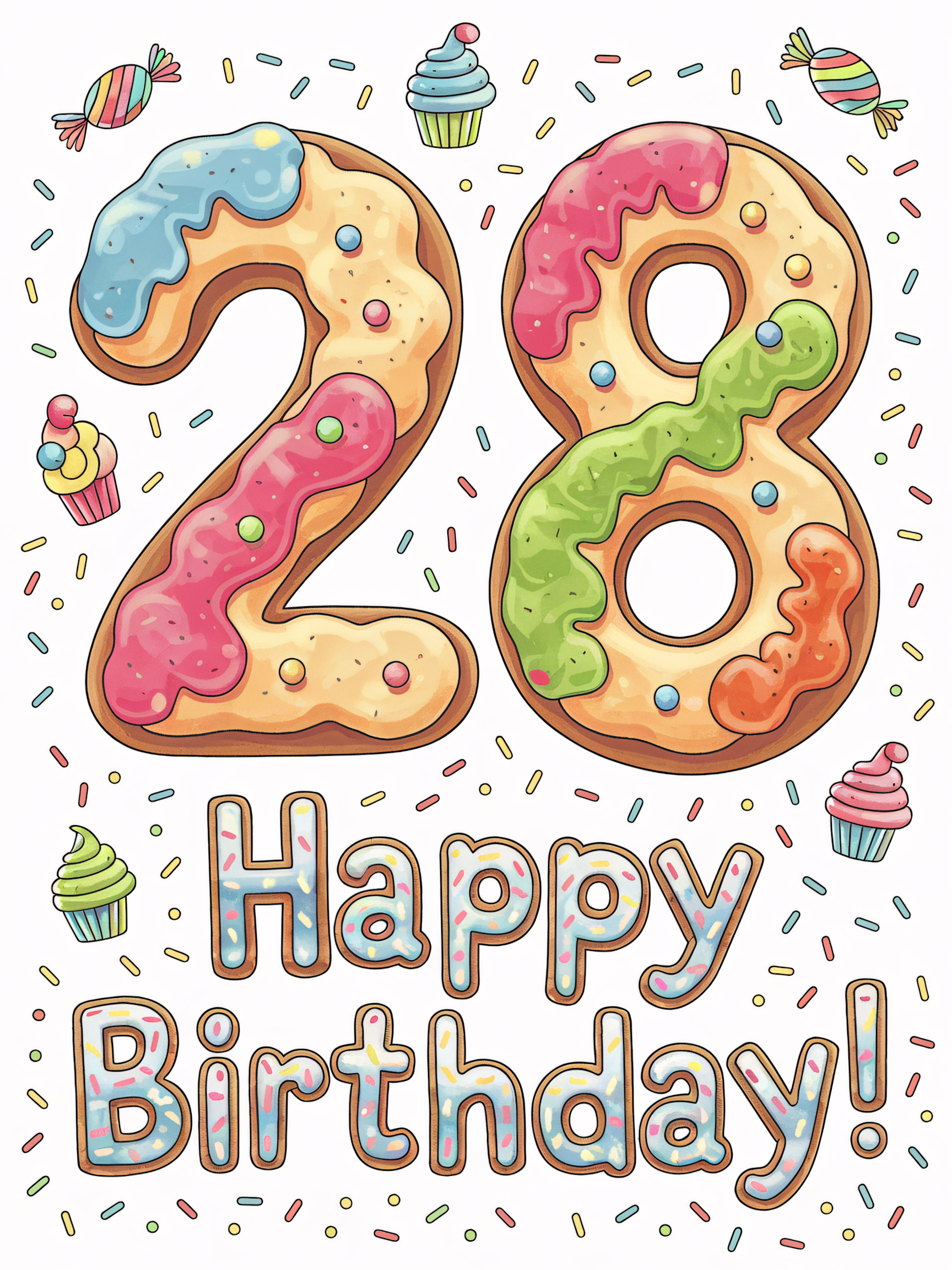 Happy 28th Birthday! Whimsical Cookie Illustration