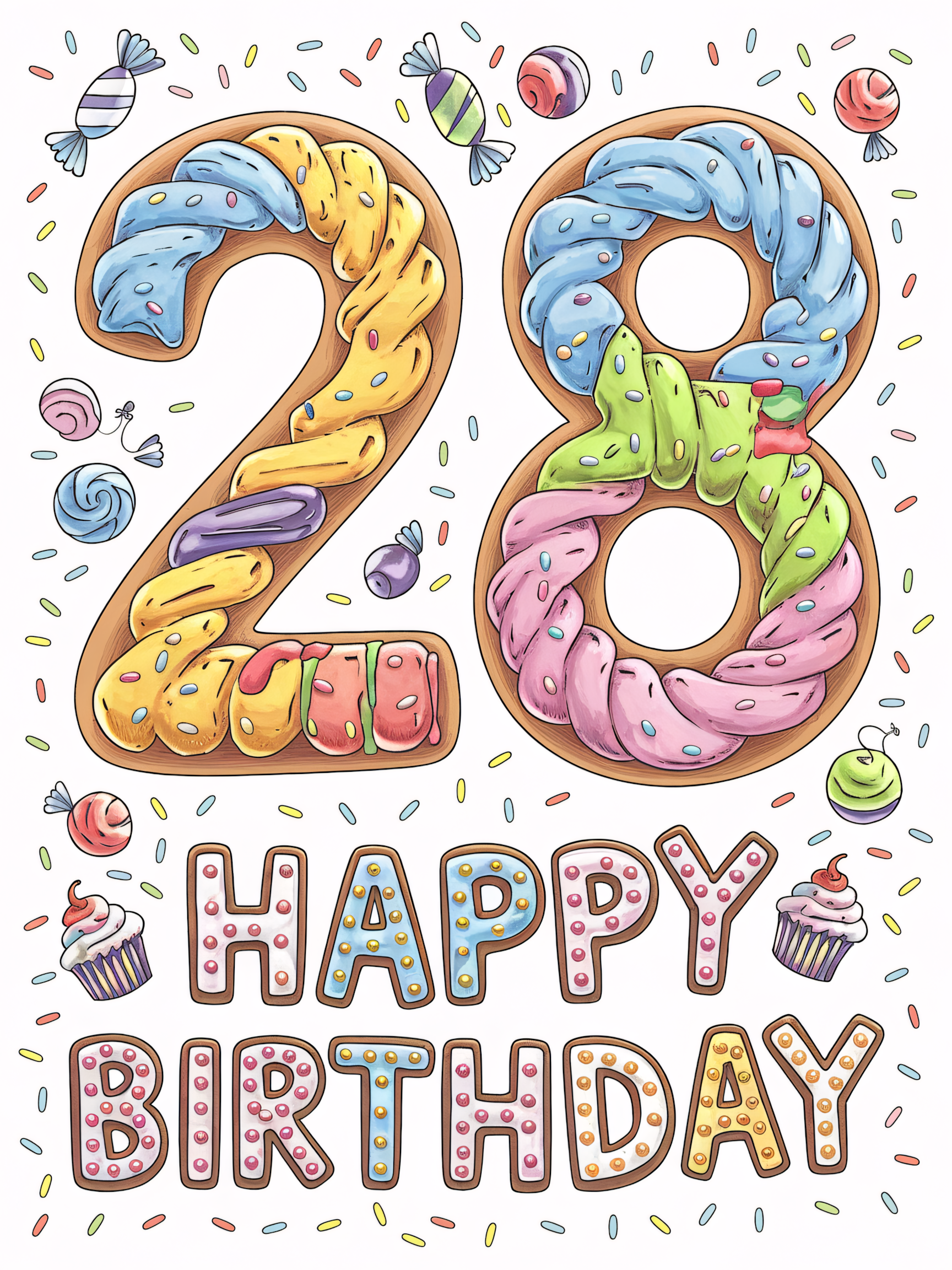 Whimsical 28th Birthday Cake Illustration