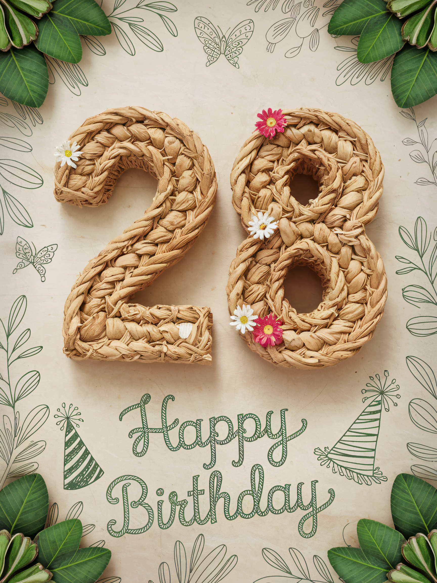 28th Birthday: Happy Birthday Wicker Number Card
