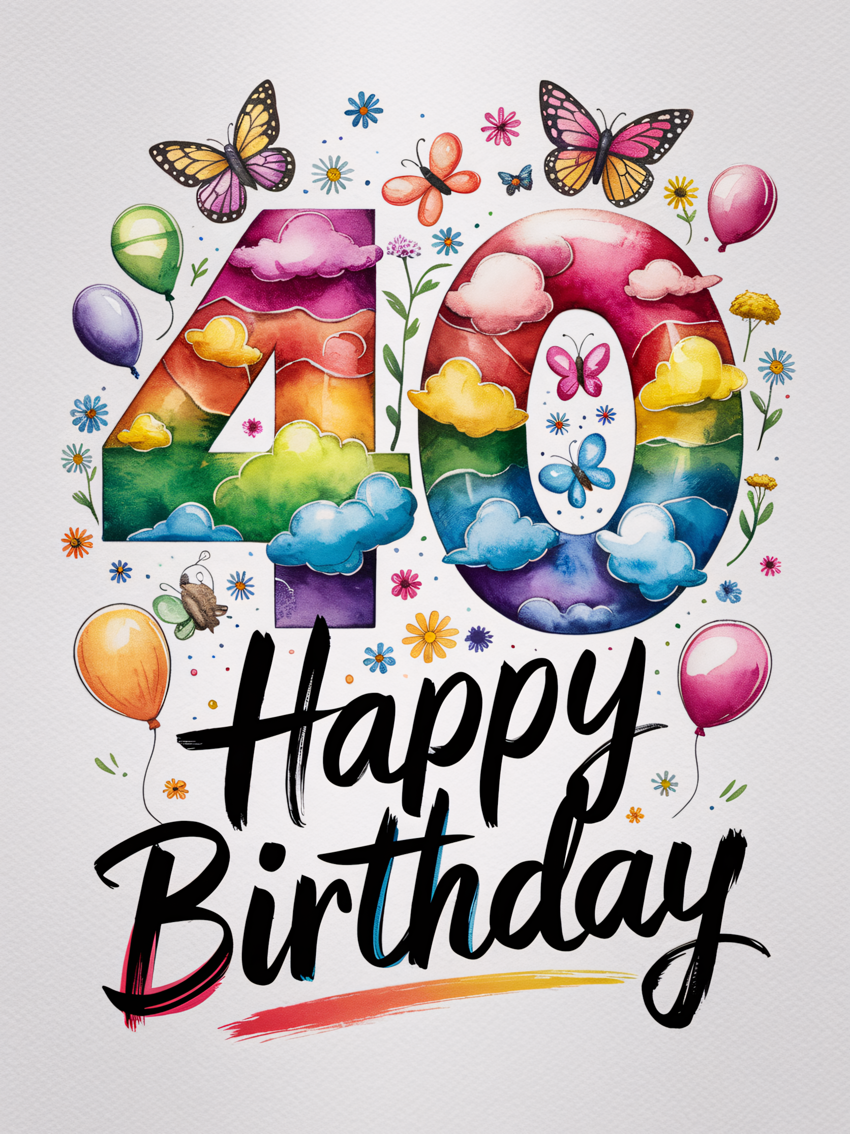 Watercolor 40th Birthday Card Design