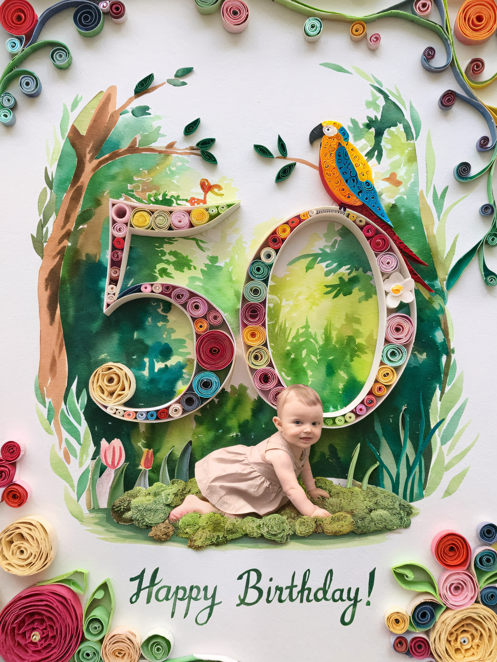50th Birthday Watercolor Paper Art with Baby