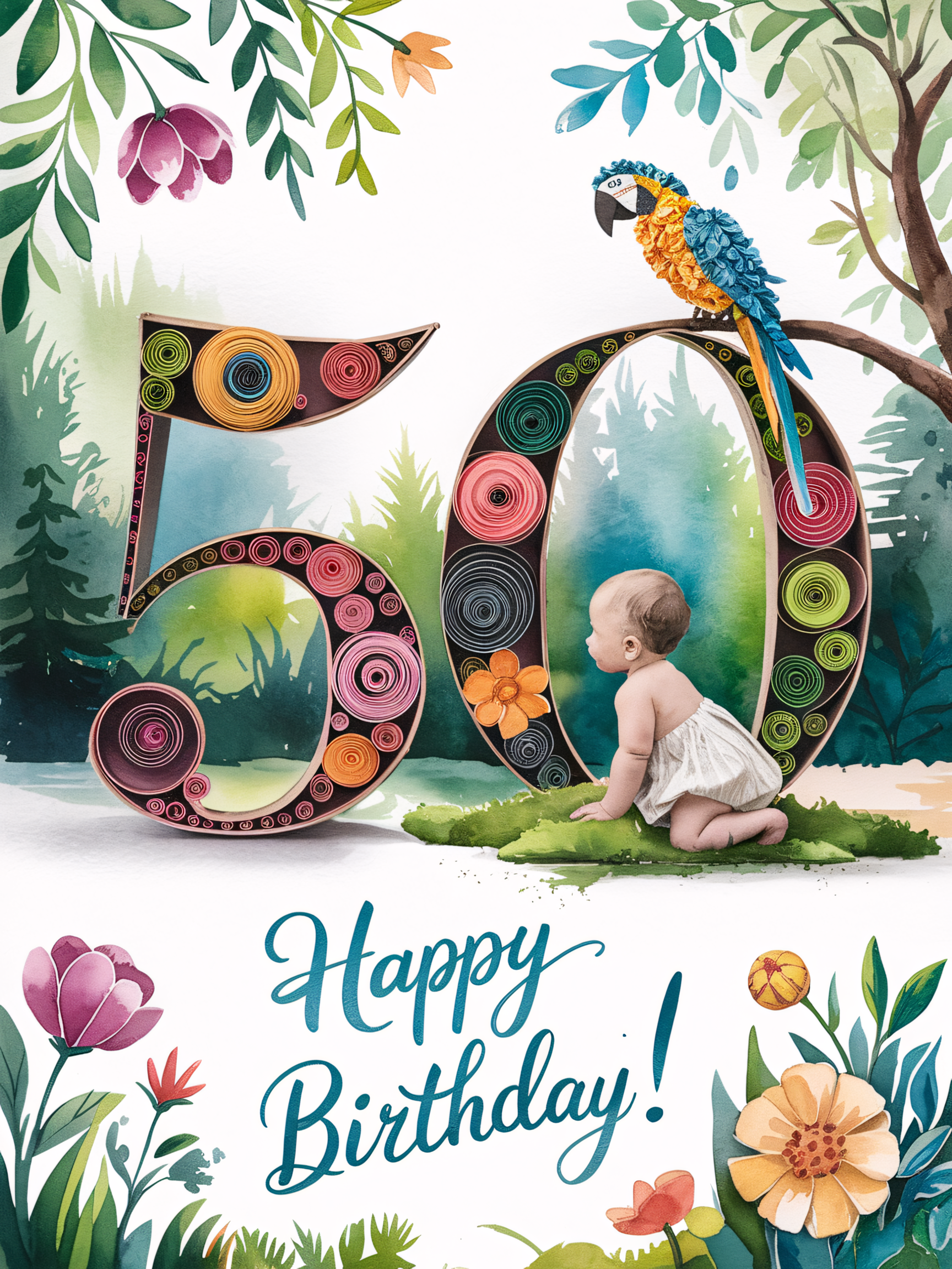 Watercolor Baby’s 50th Birthday Card with Parrot