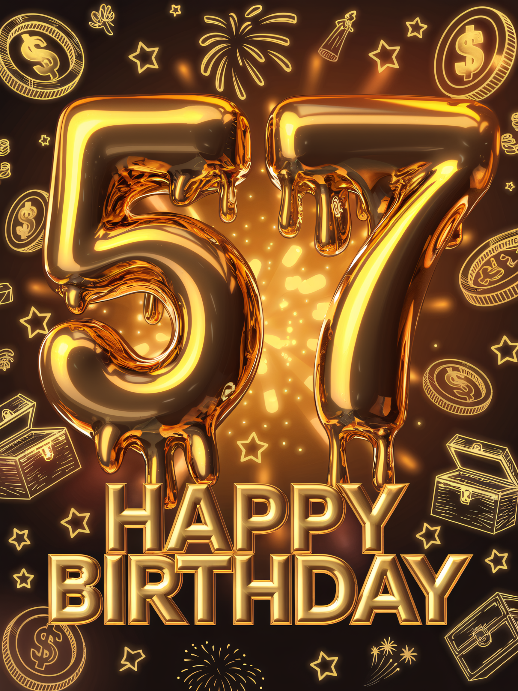 57th Birthday: Happy Birthday Gold Number Balloons