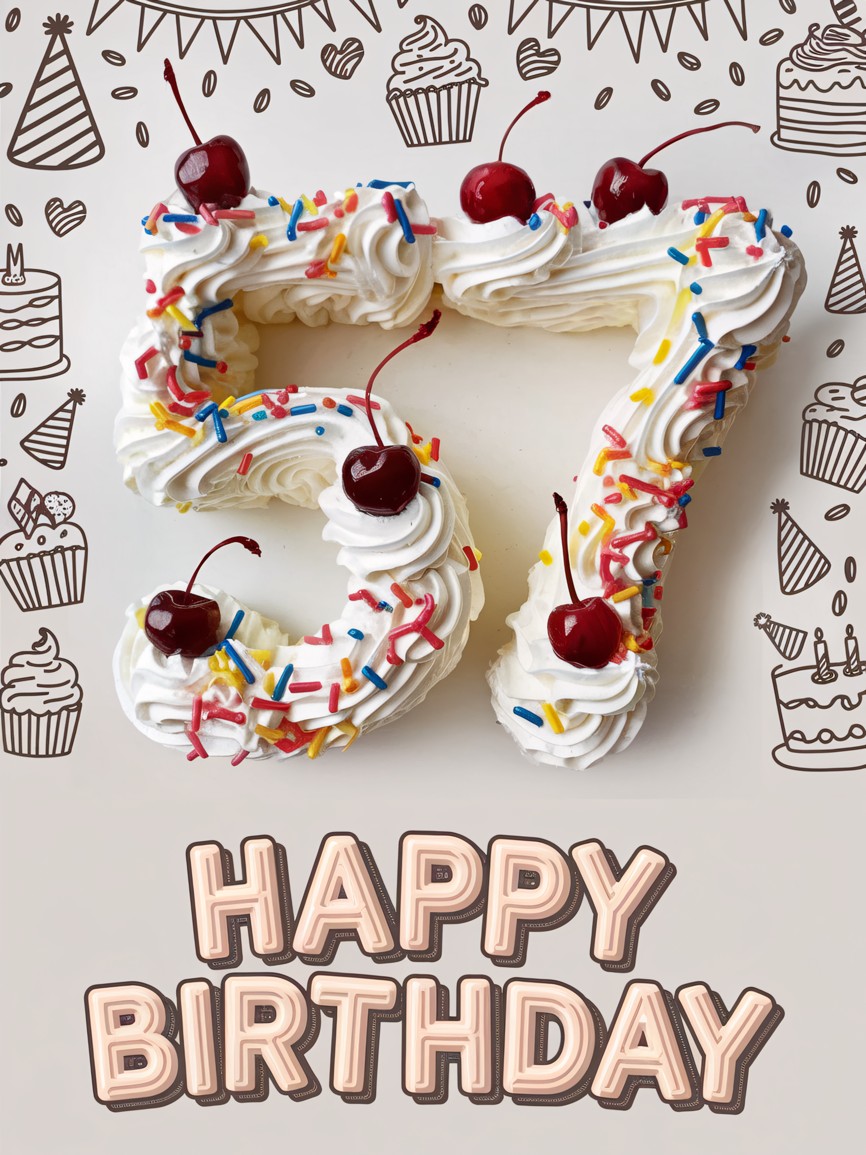 Whipped Cream Number 57 Birthday Cake with Cherries and Sprinkles