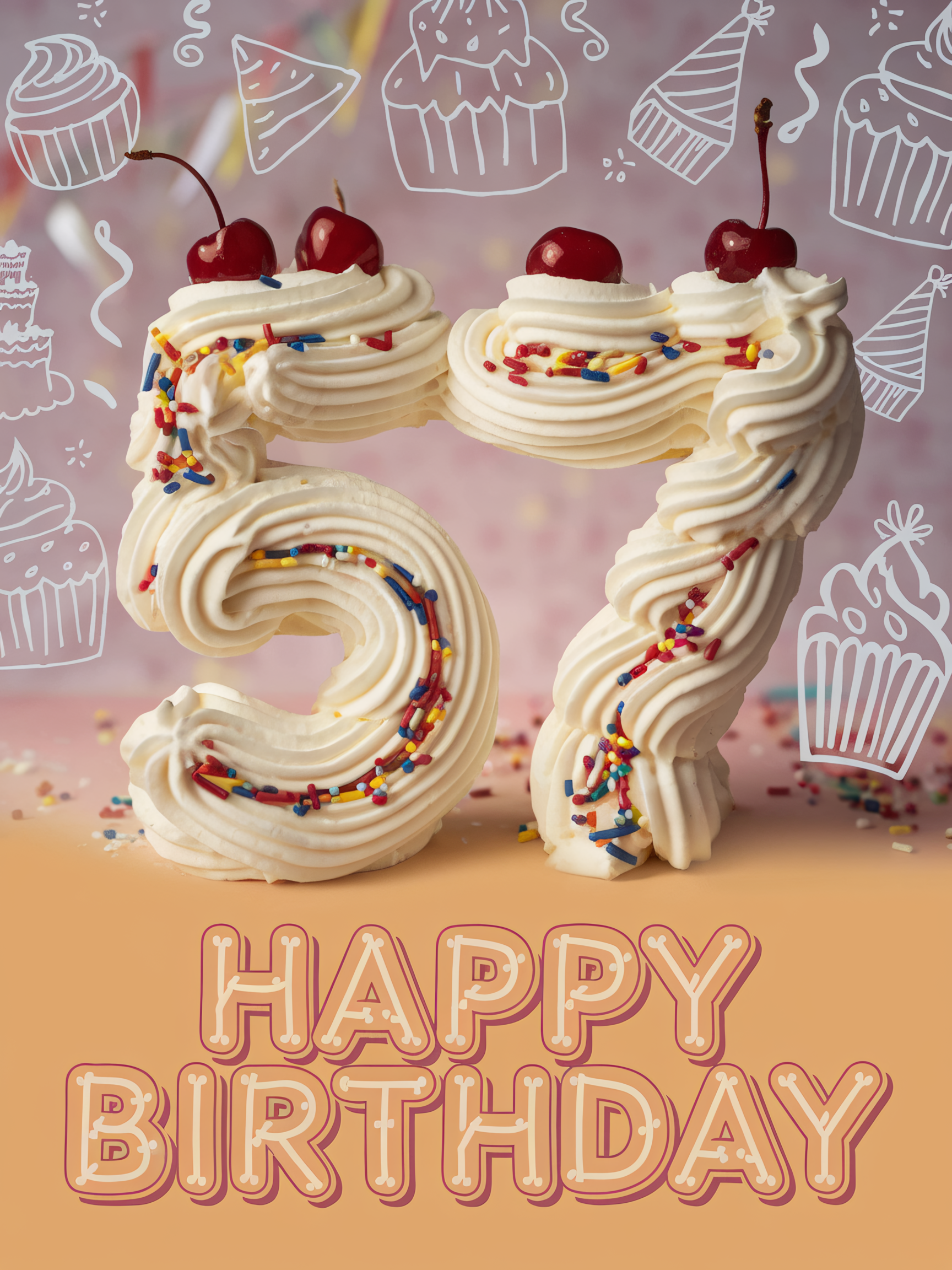 Whipped Cream Number 57 Birthday Cake with Sprinkles and Cherries