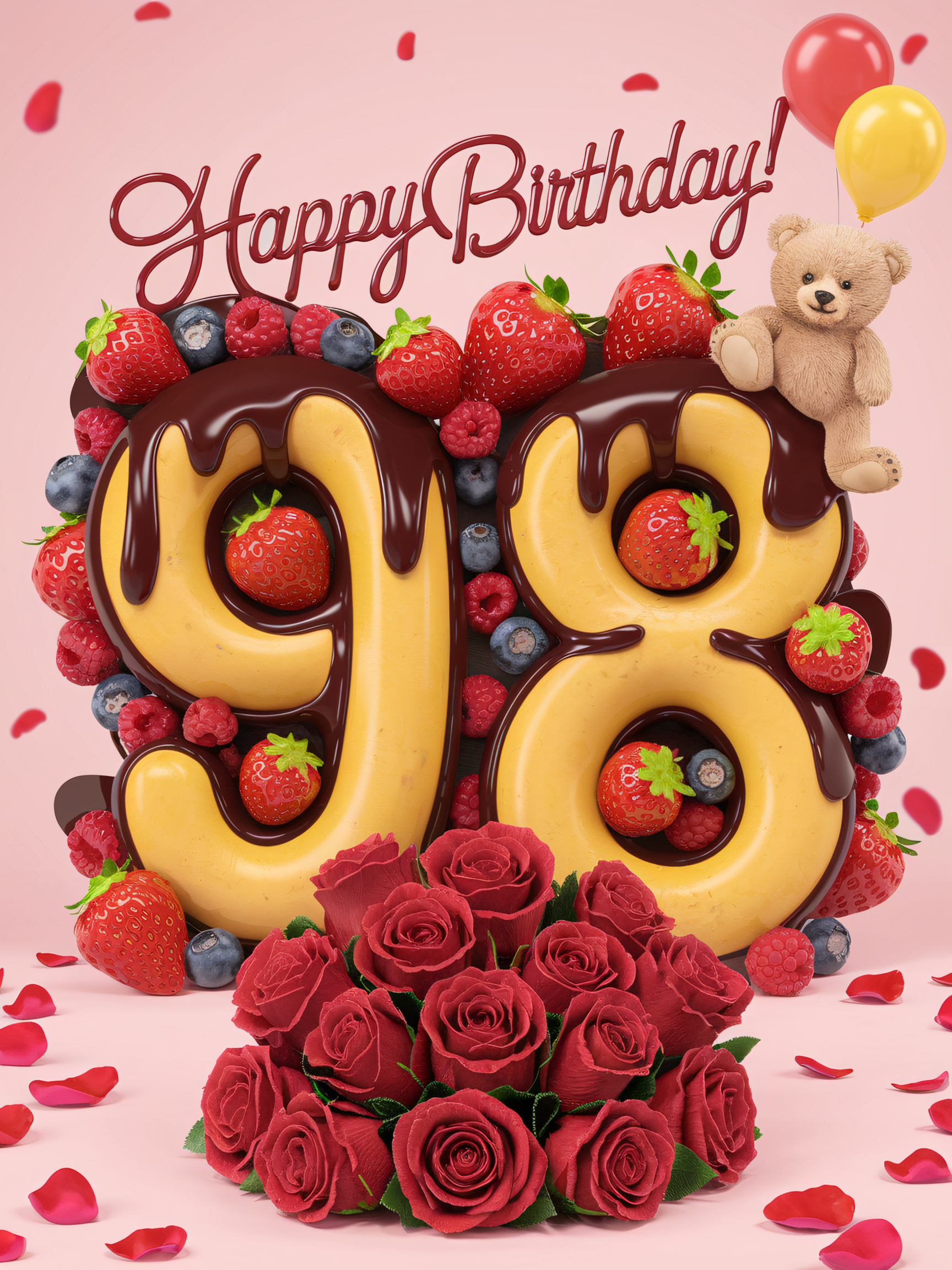 98th Birthday Cake With Berries, Chocolate, Roses, and Teddy Bear