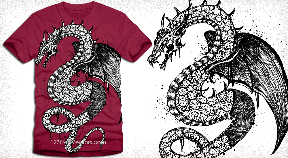 Vector T Shirt Illustration With Flying Dragon