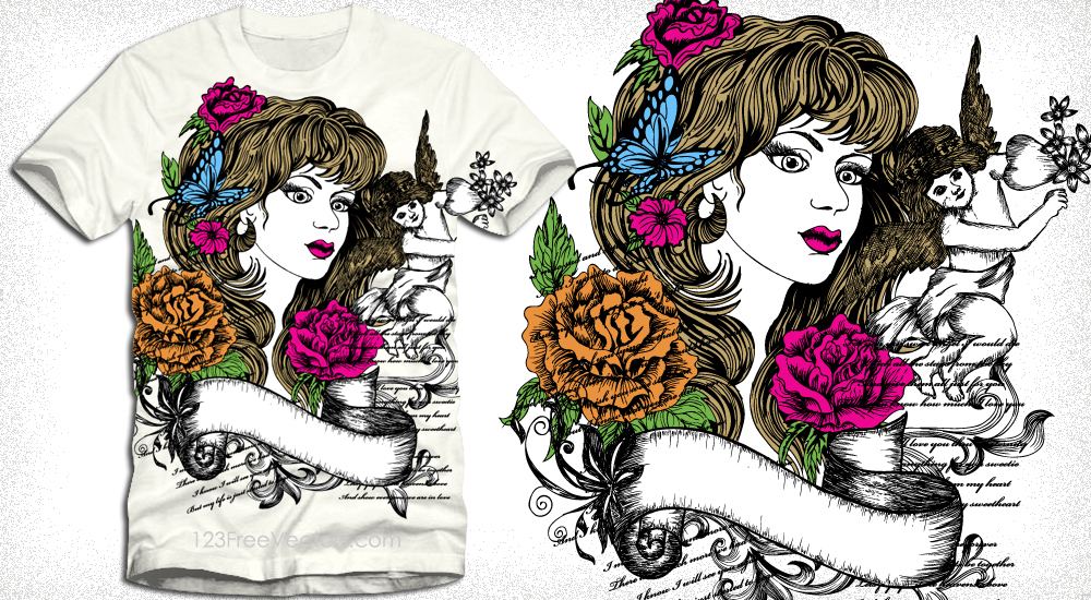 Vector T-Shirt Design with Beautiful Woman, Cupid Angel and Flowers