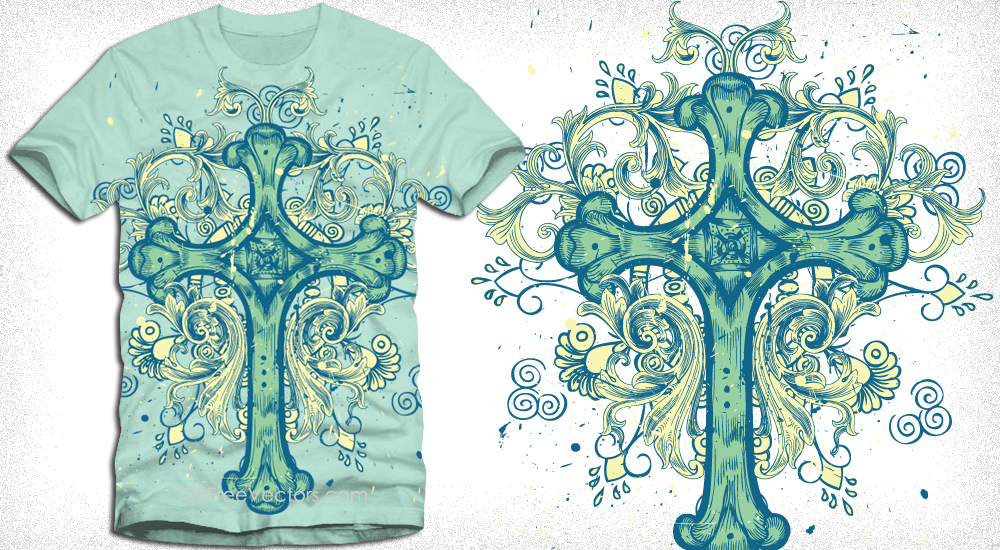 Vector Cross T-Shirt Design with Floral Ornaments