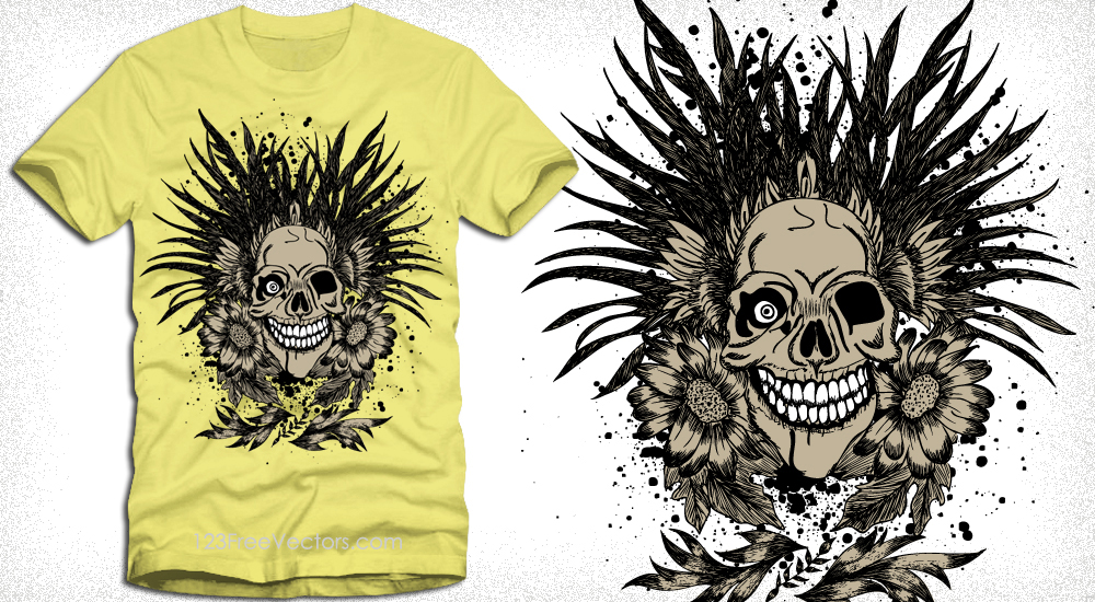 Skull with flower illustration t shirt design 7808466 Vector Art
