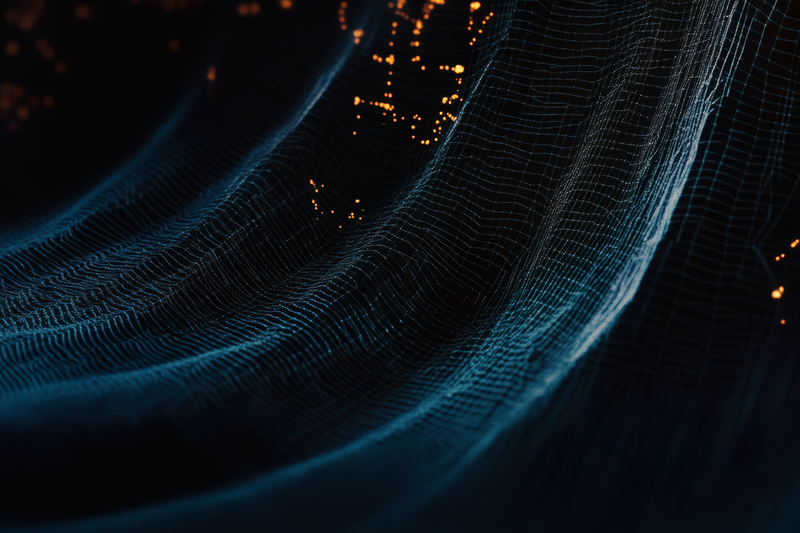 Abstract Blue Wavy Grid with Golden Particles