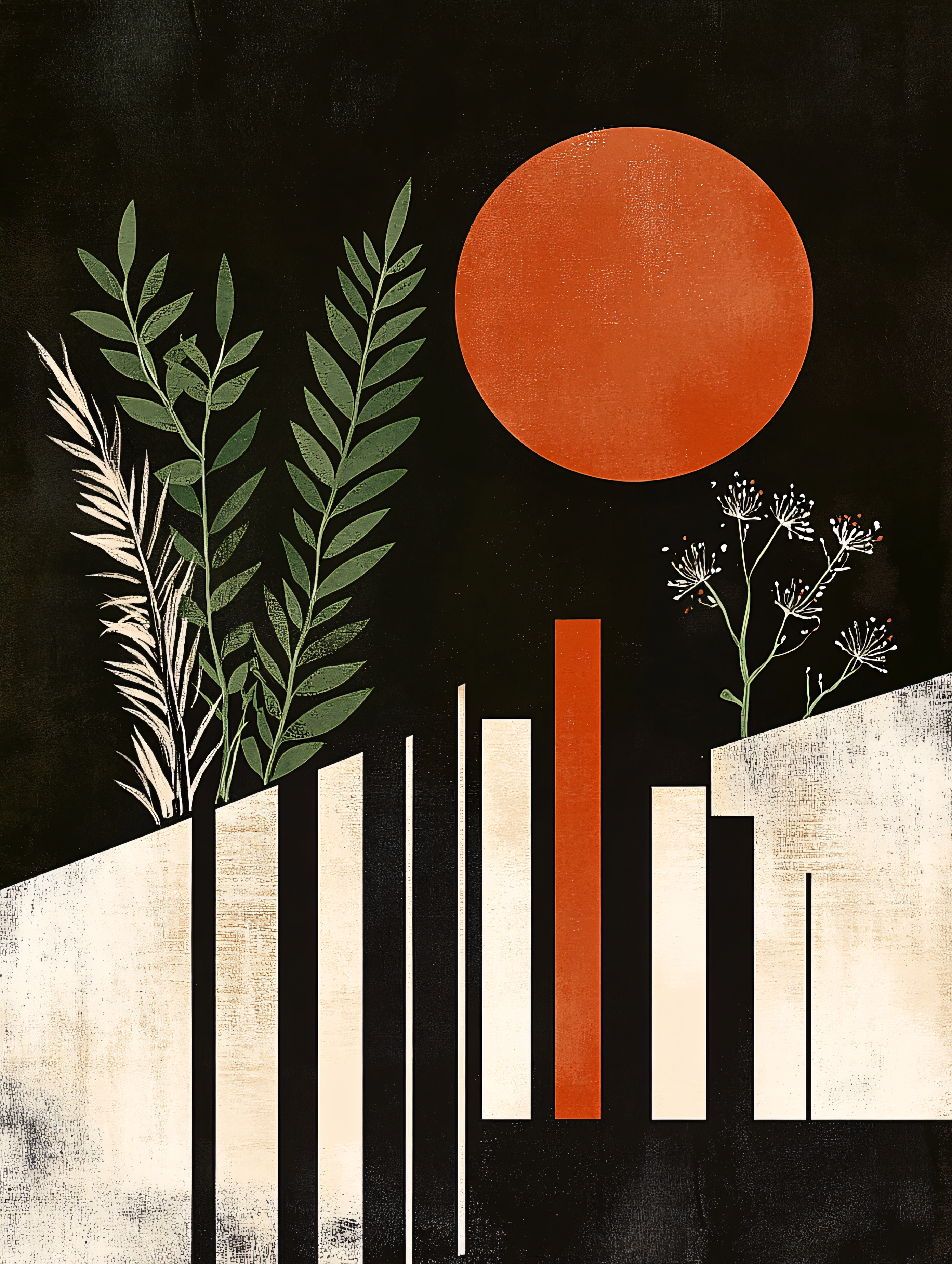 Abstract Botanical Composition with Orange Circle