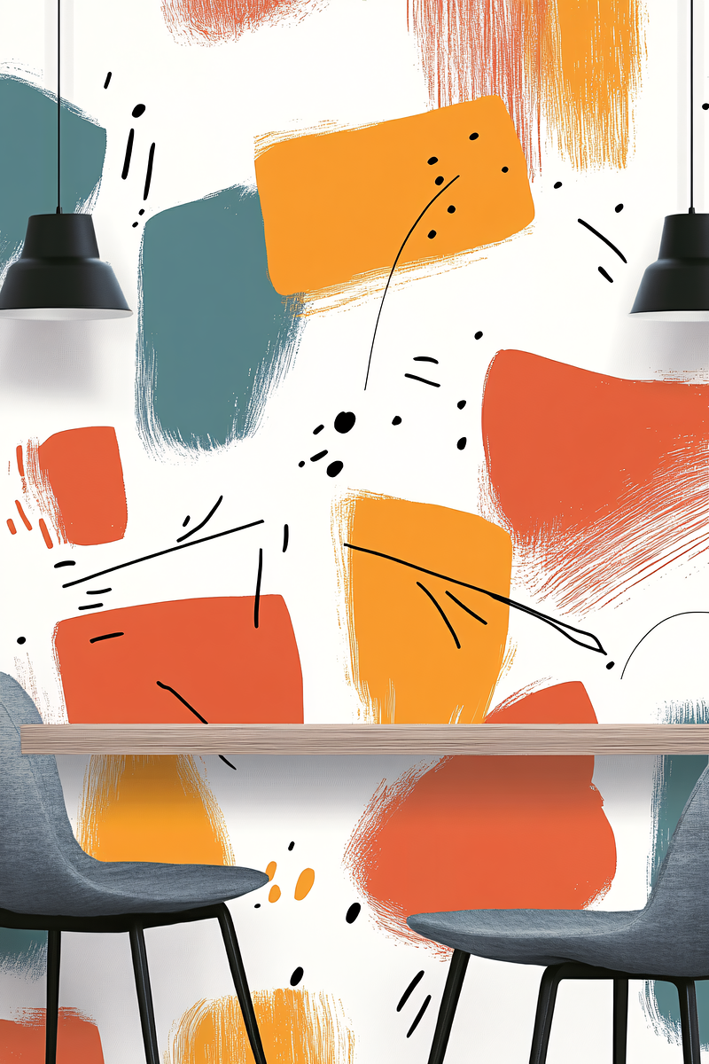 Abstract Brushstroke Wall with Modern Furniture