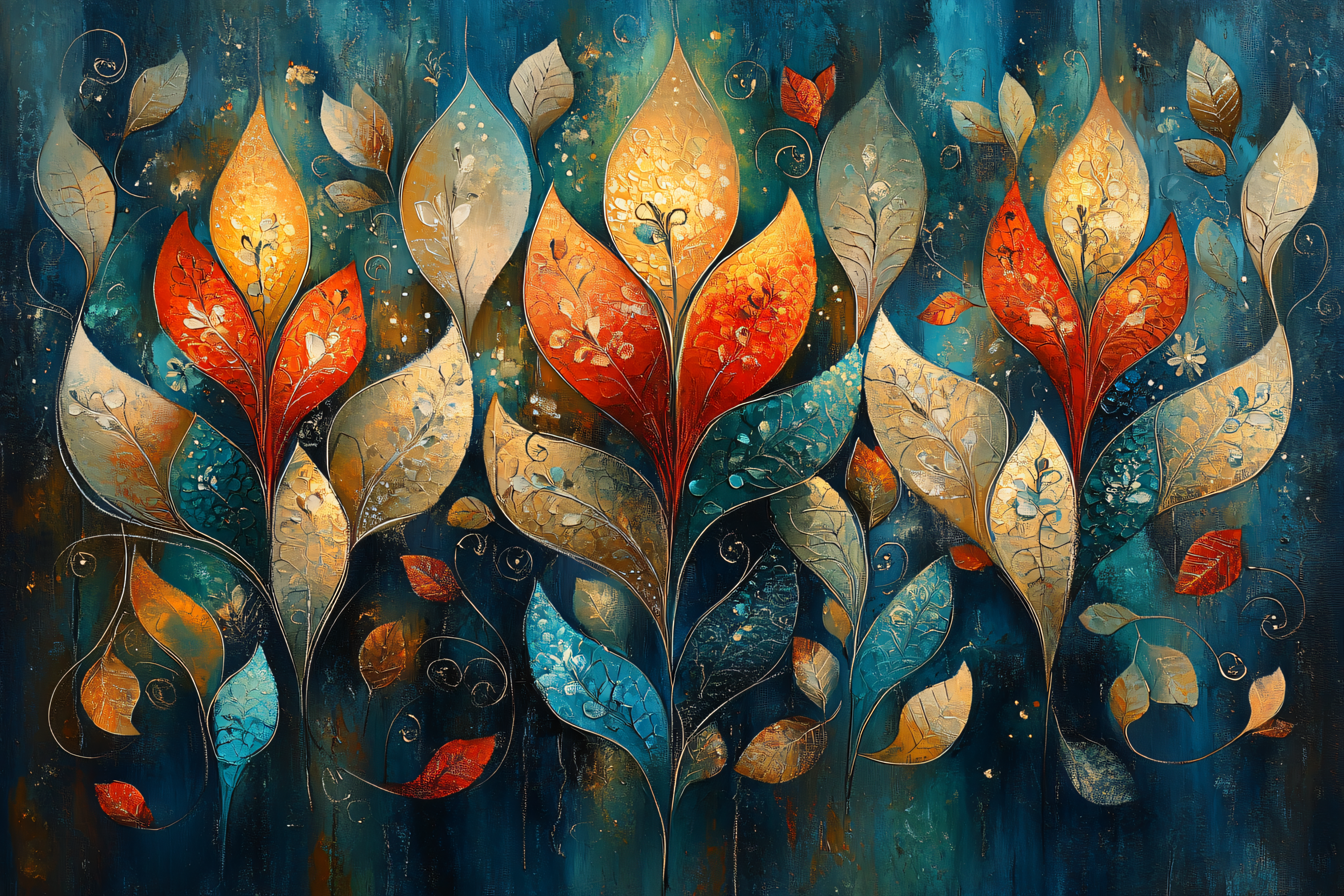 Abstract Teal and Gold Leaf Painting