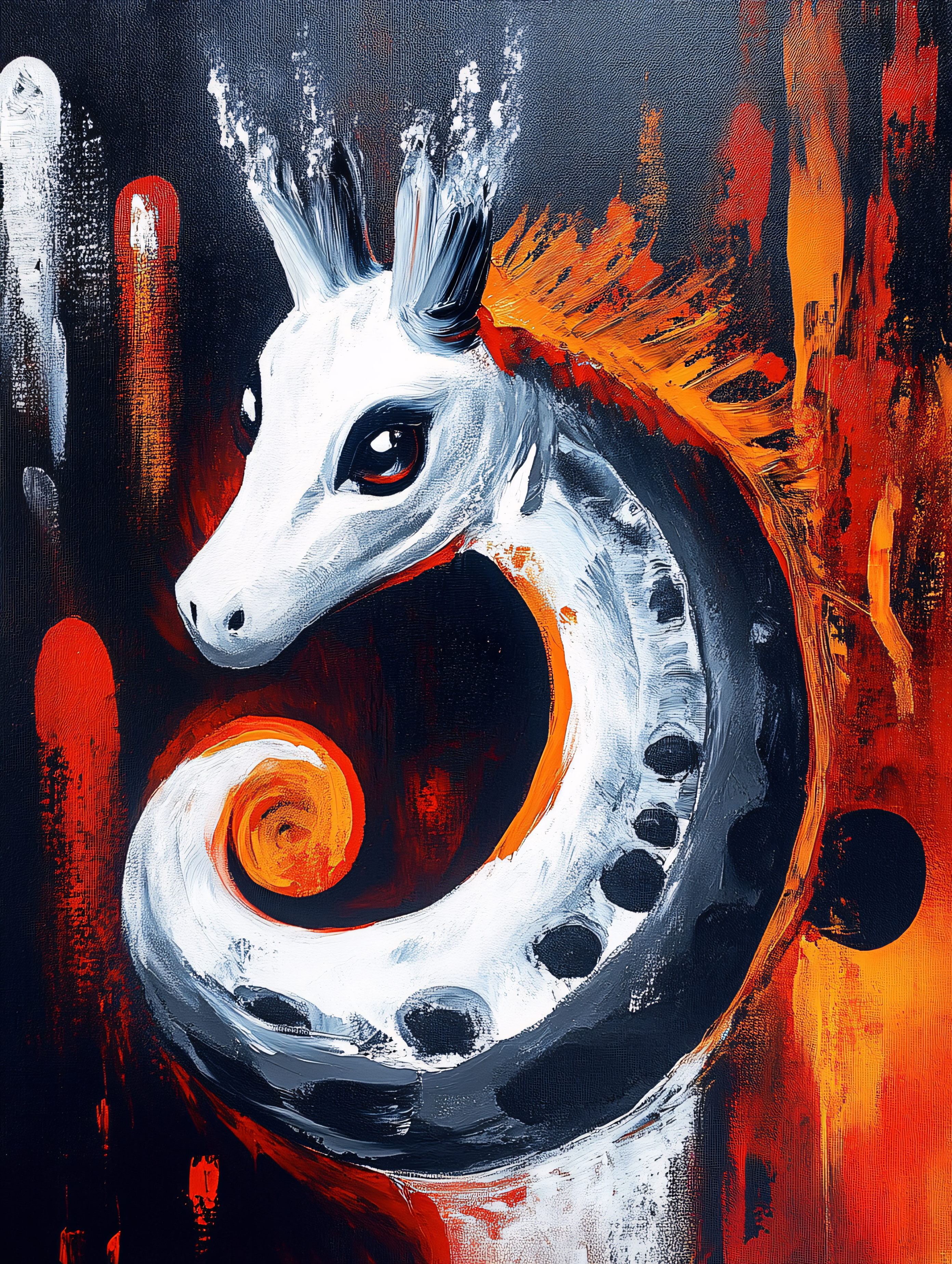 Abstract White Horse-like Creature with Coiled Neck