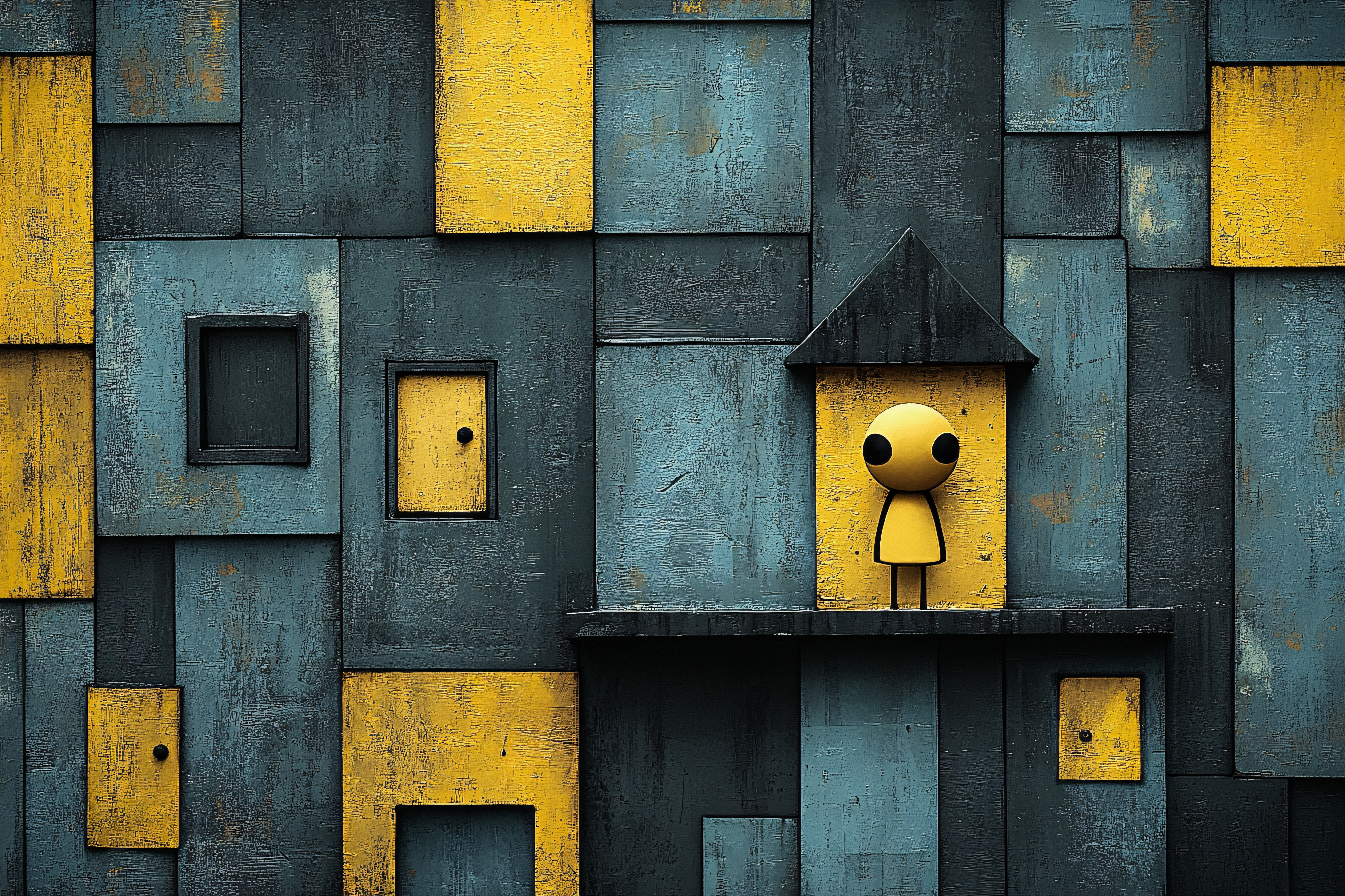 Abstract Yellow Character on Textured Wall
