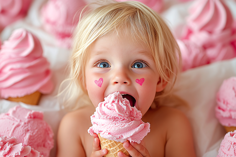 Adorable Child Eating Pink Ice Cream