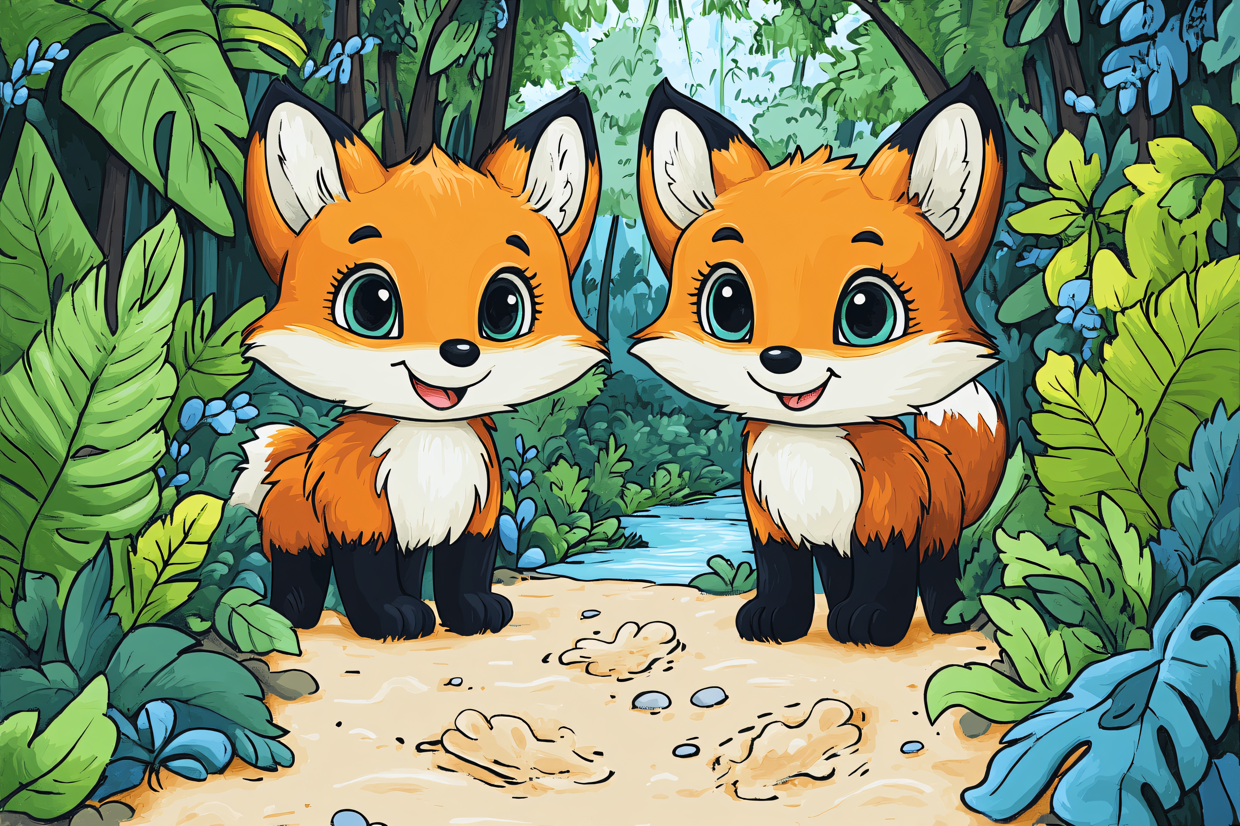 Adorable Fox Twins in a Lush Forest