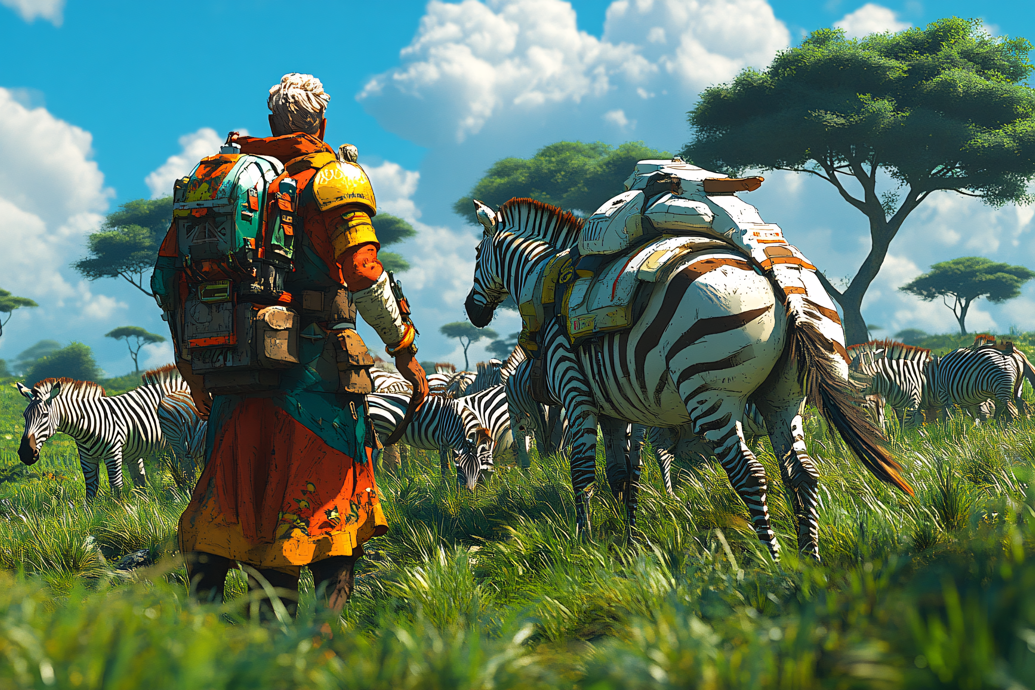African Explorer Leading Robotic Zebras