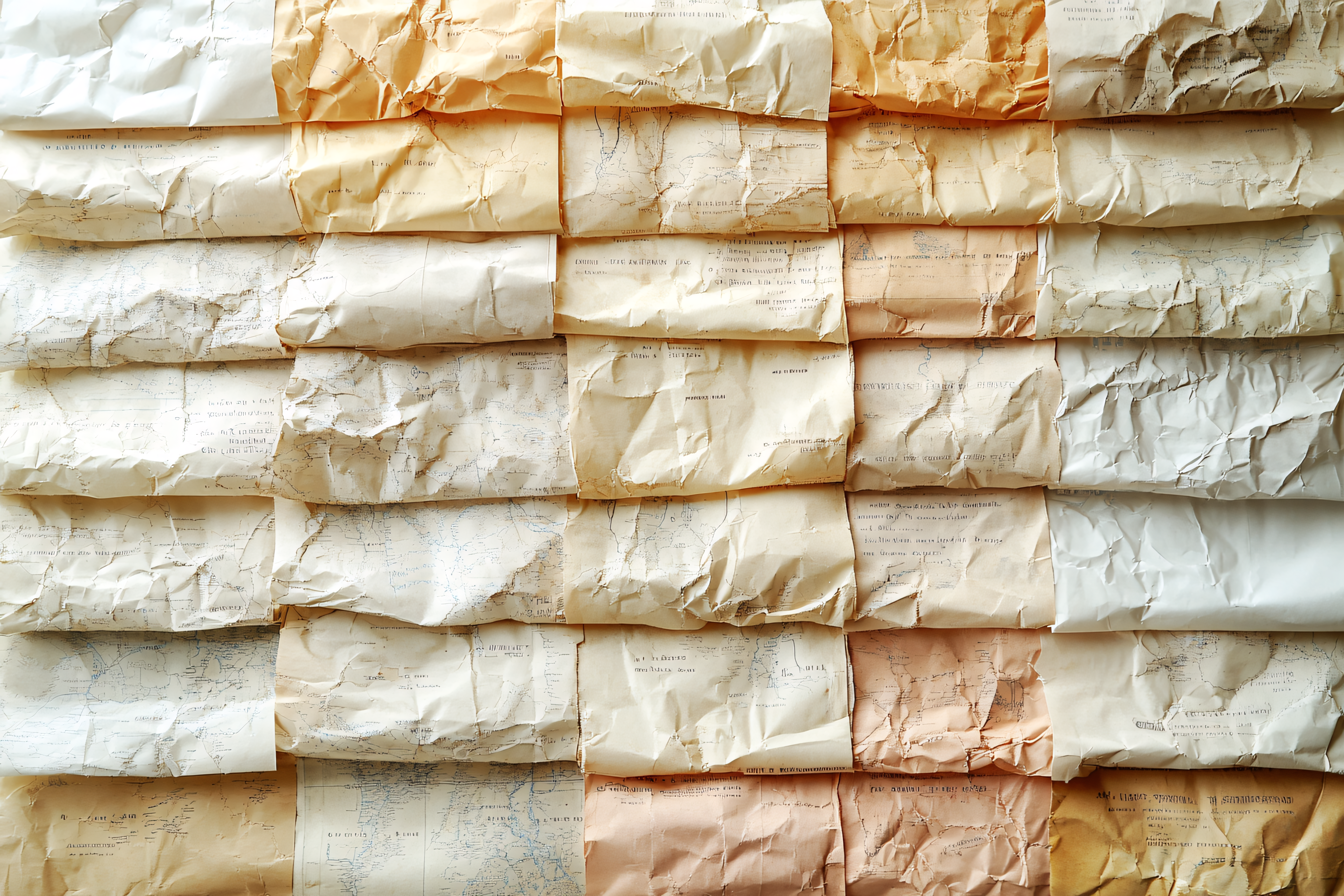 Aged Maps and Text on Folded Paper Grid