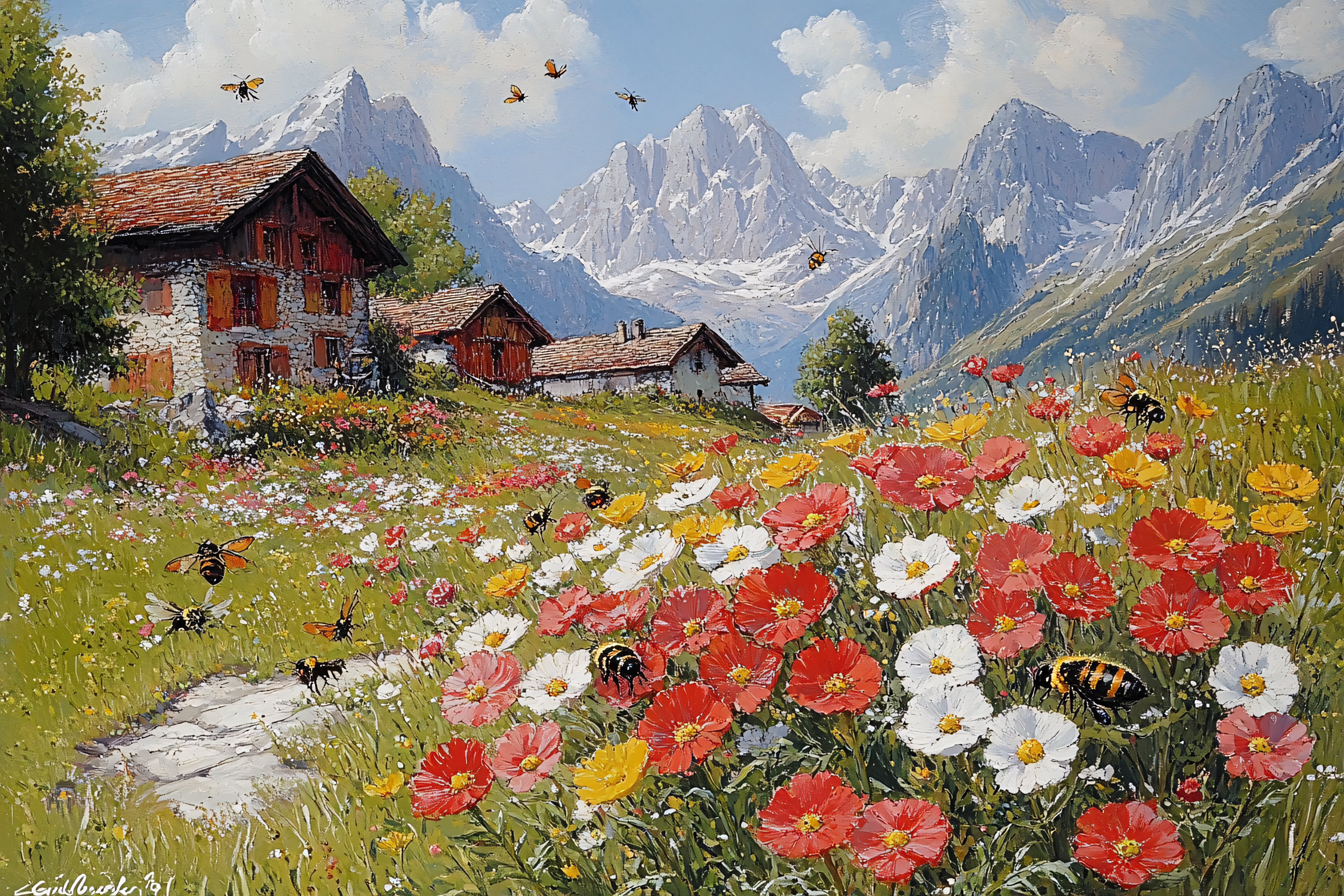Alpine Meadow With Houses And Bees