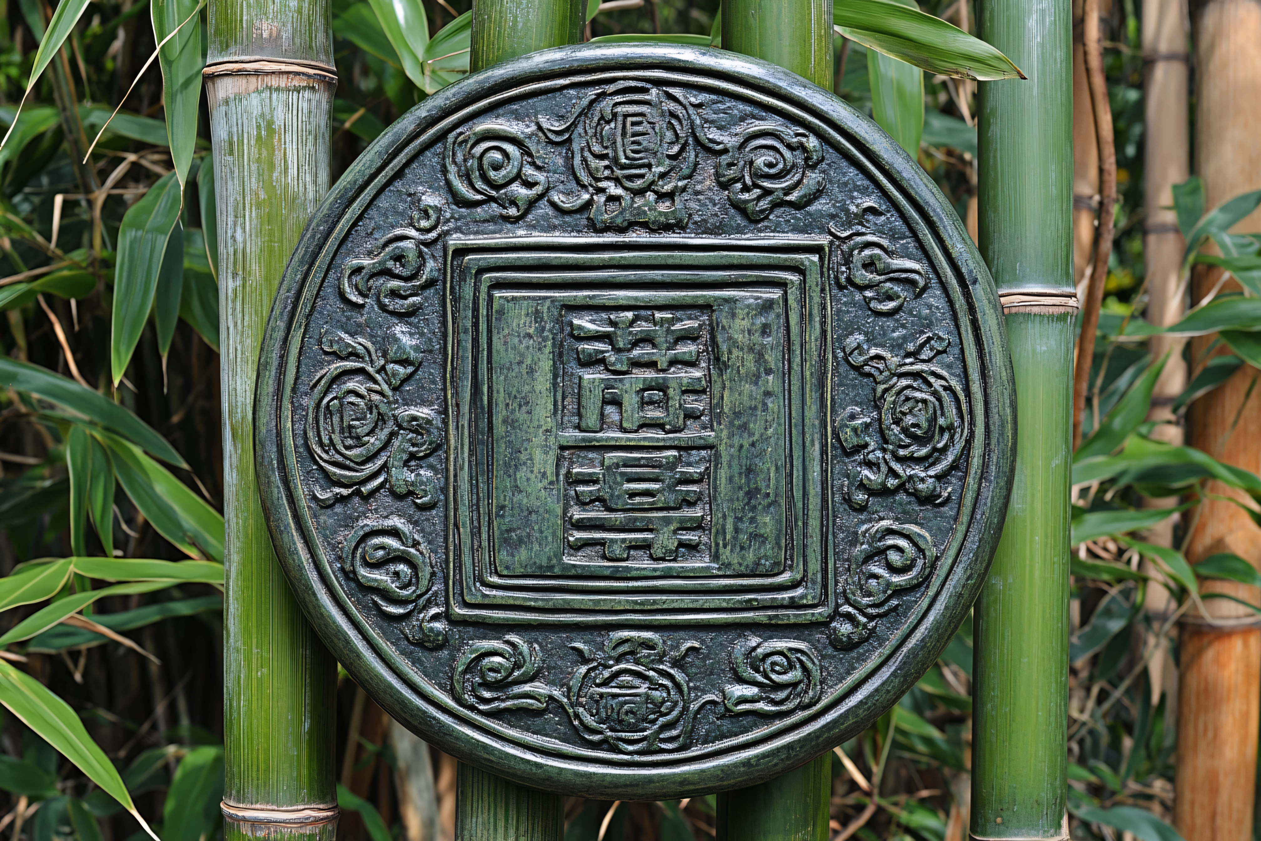 Ancient Chinese Coin On Bamboo