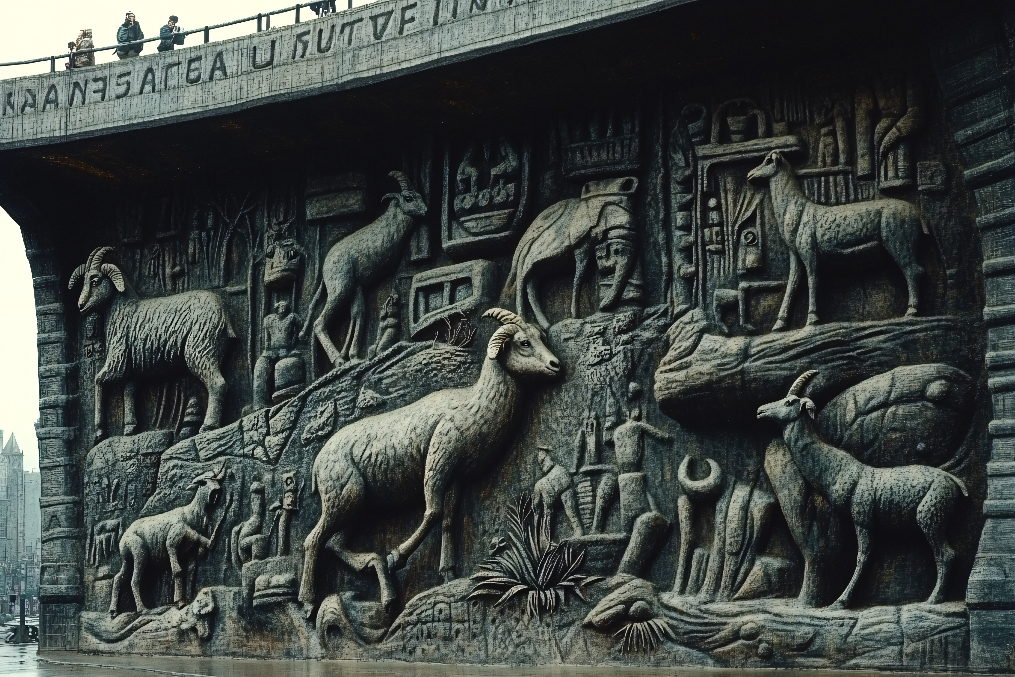 Ancient Stone Carving With Goats And Figures