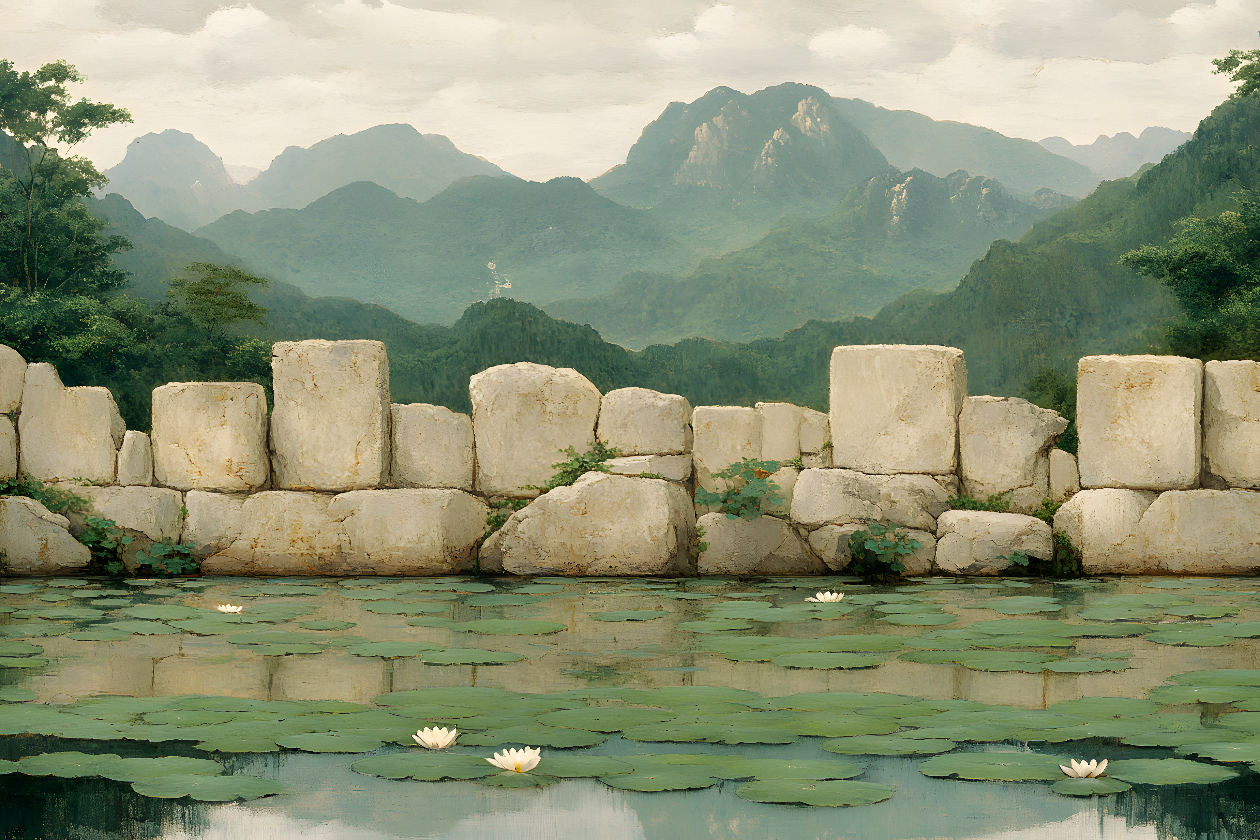 Ancient Stone Wall Ruins with Lily Pond