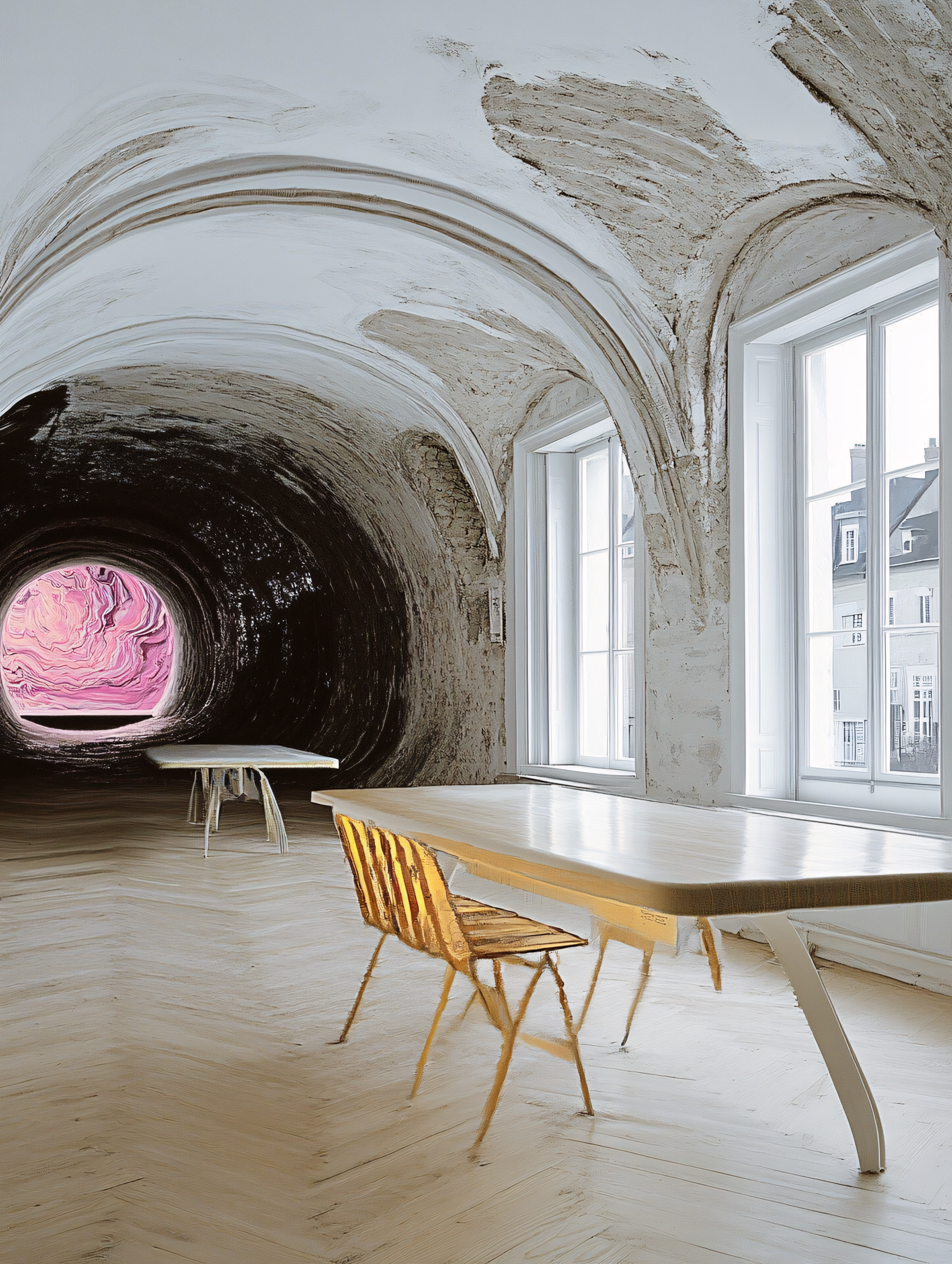 Arched Hallway with Tables and Pink Tunnel