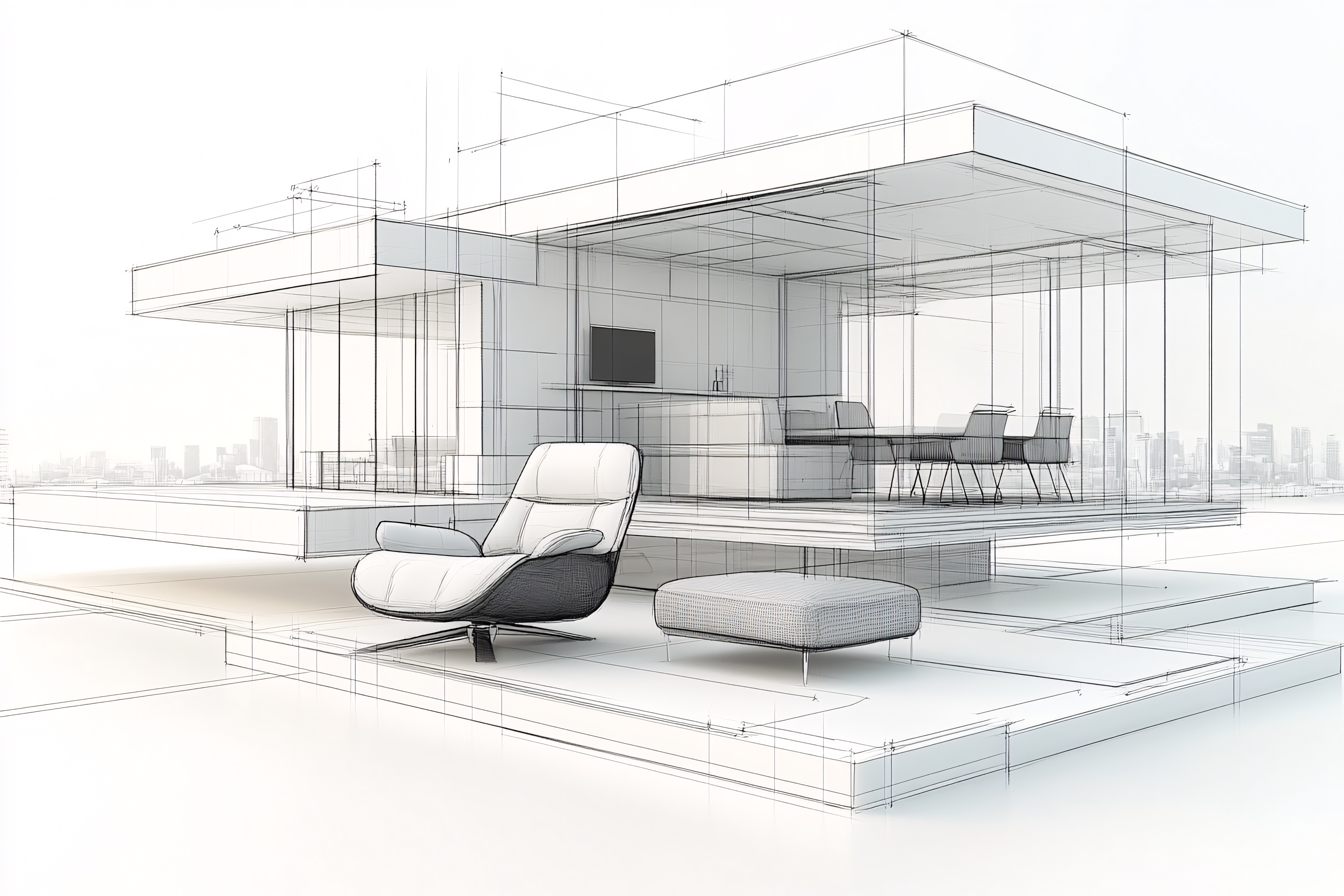 Architectural Sketch Of Modern House With Furniture