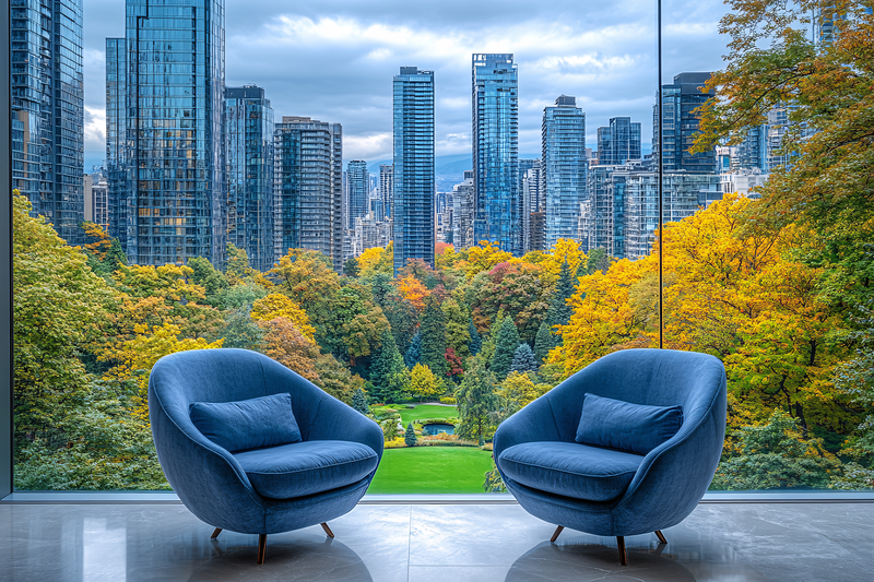 Armchairs Overlooking Autumn Cityscape