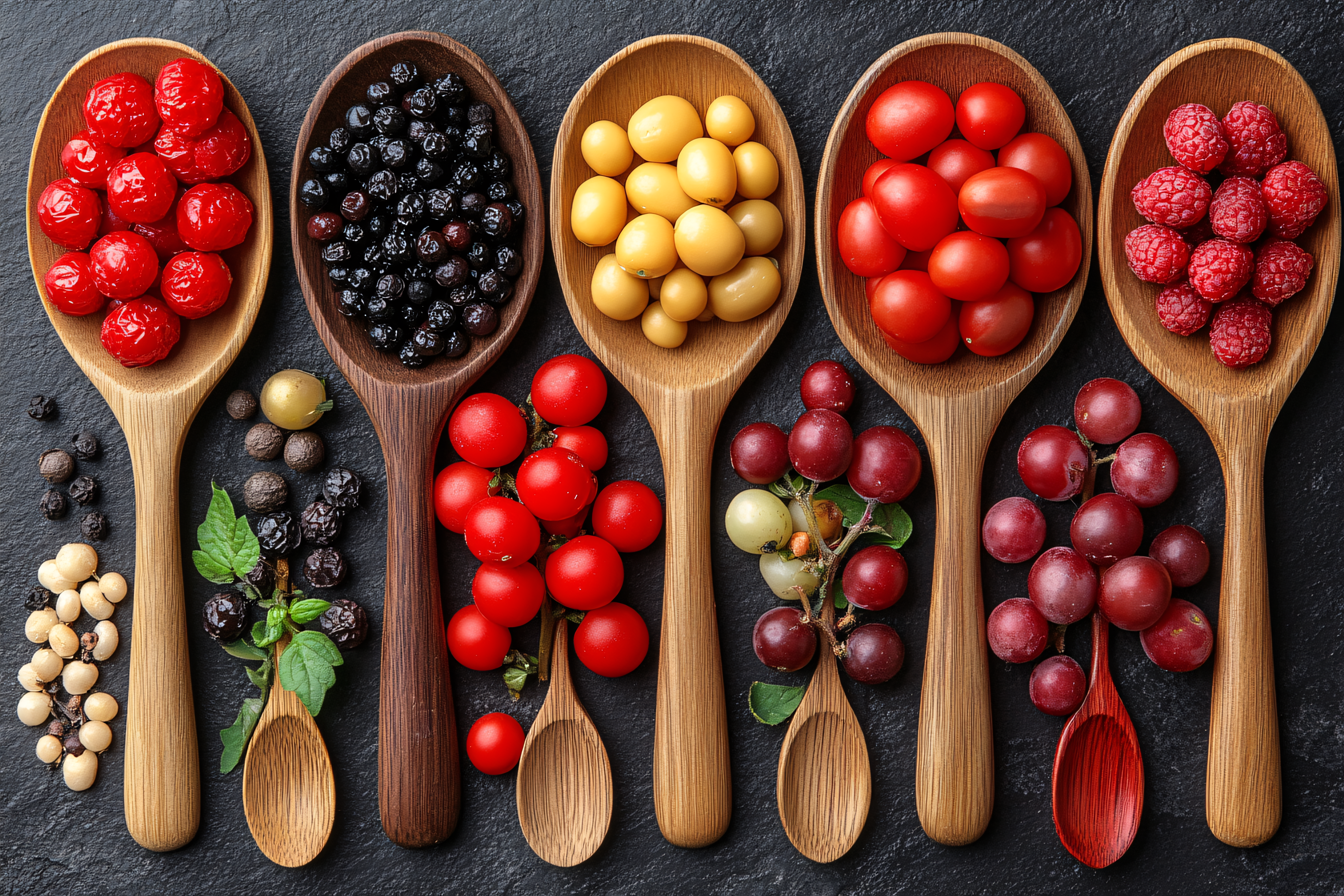 Assorted Berries and Fruits in Wooden Spoons