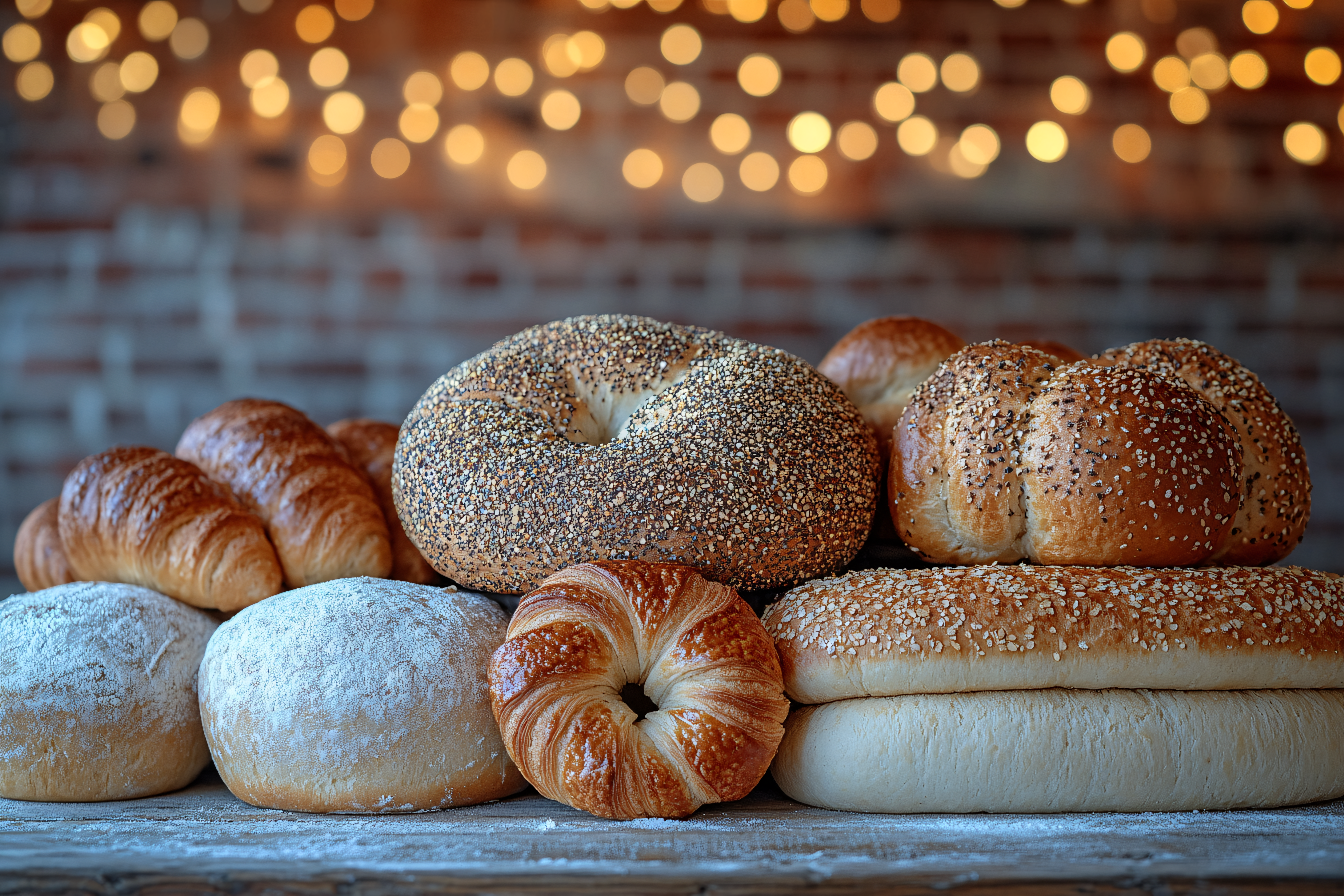 Assortment Of Freshly Baked Bread On Wooden Surface