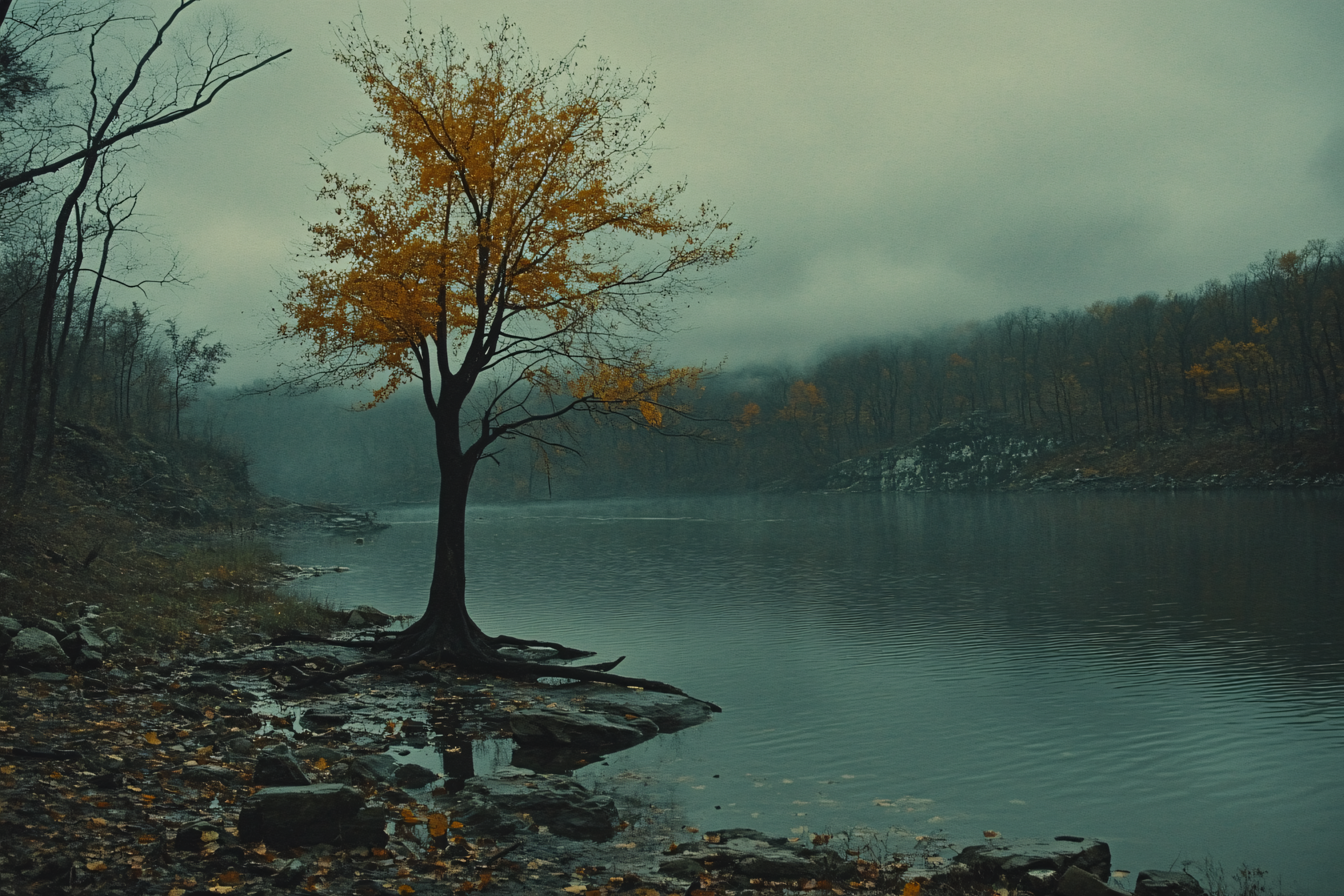 Autumn Lake Landscape with Fog