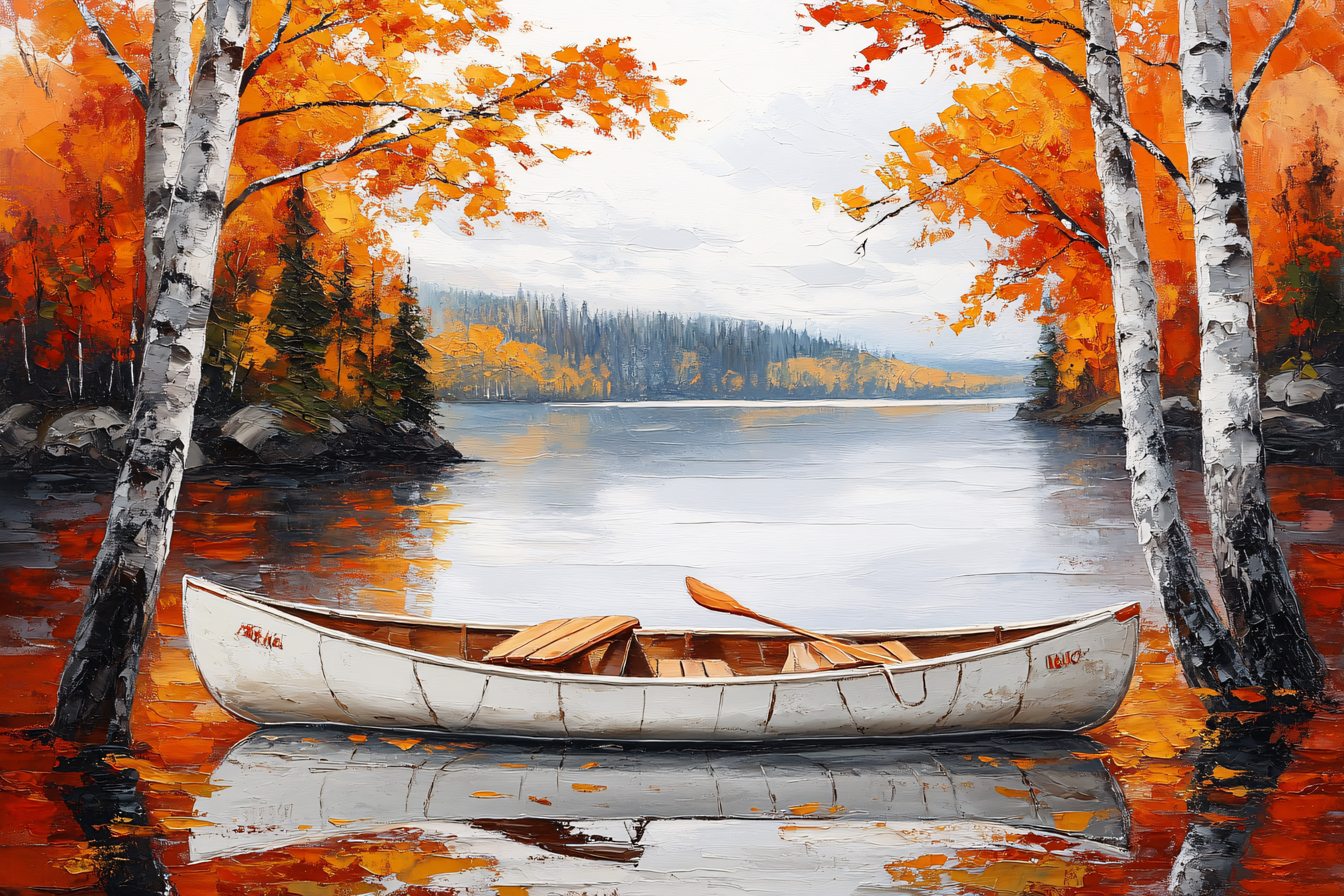 Autumn Lake Scene with Canoe