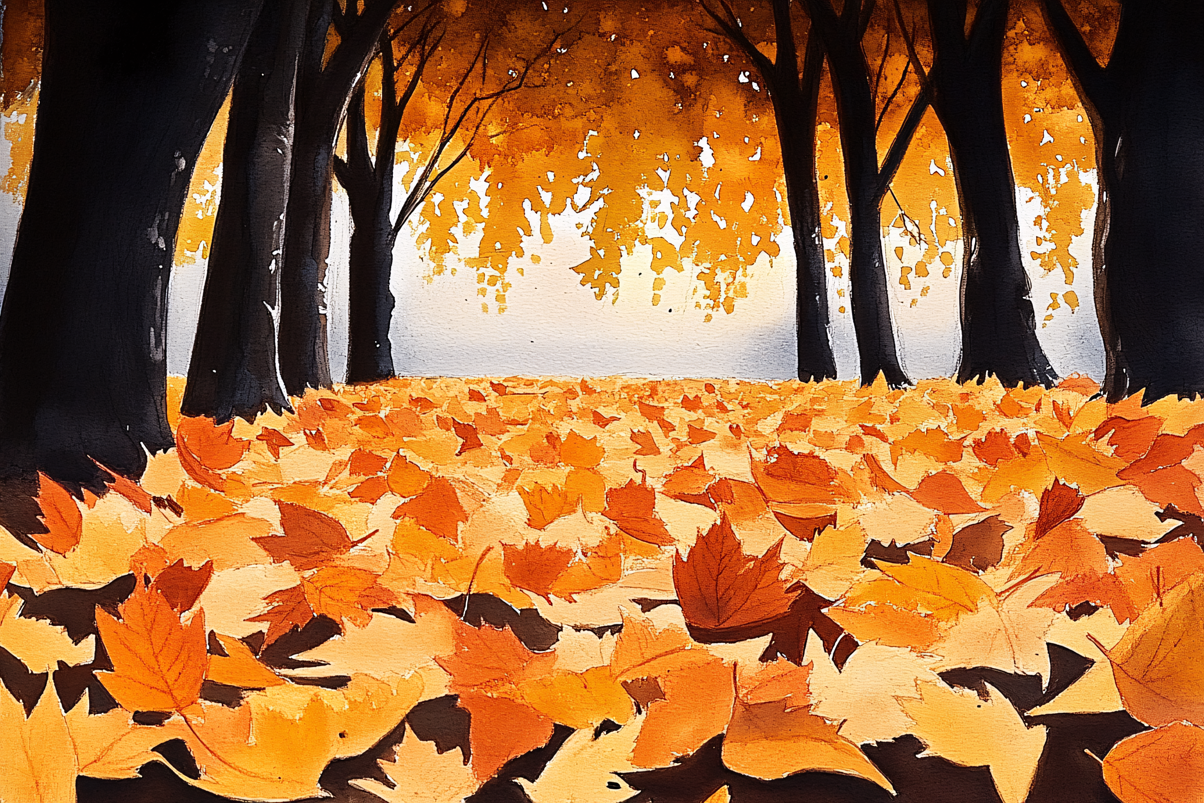 Autumn Leaves And Trees Watercolor
