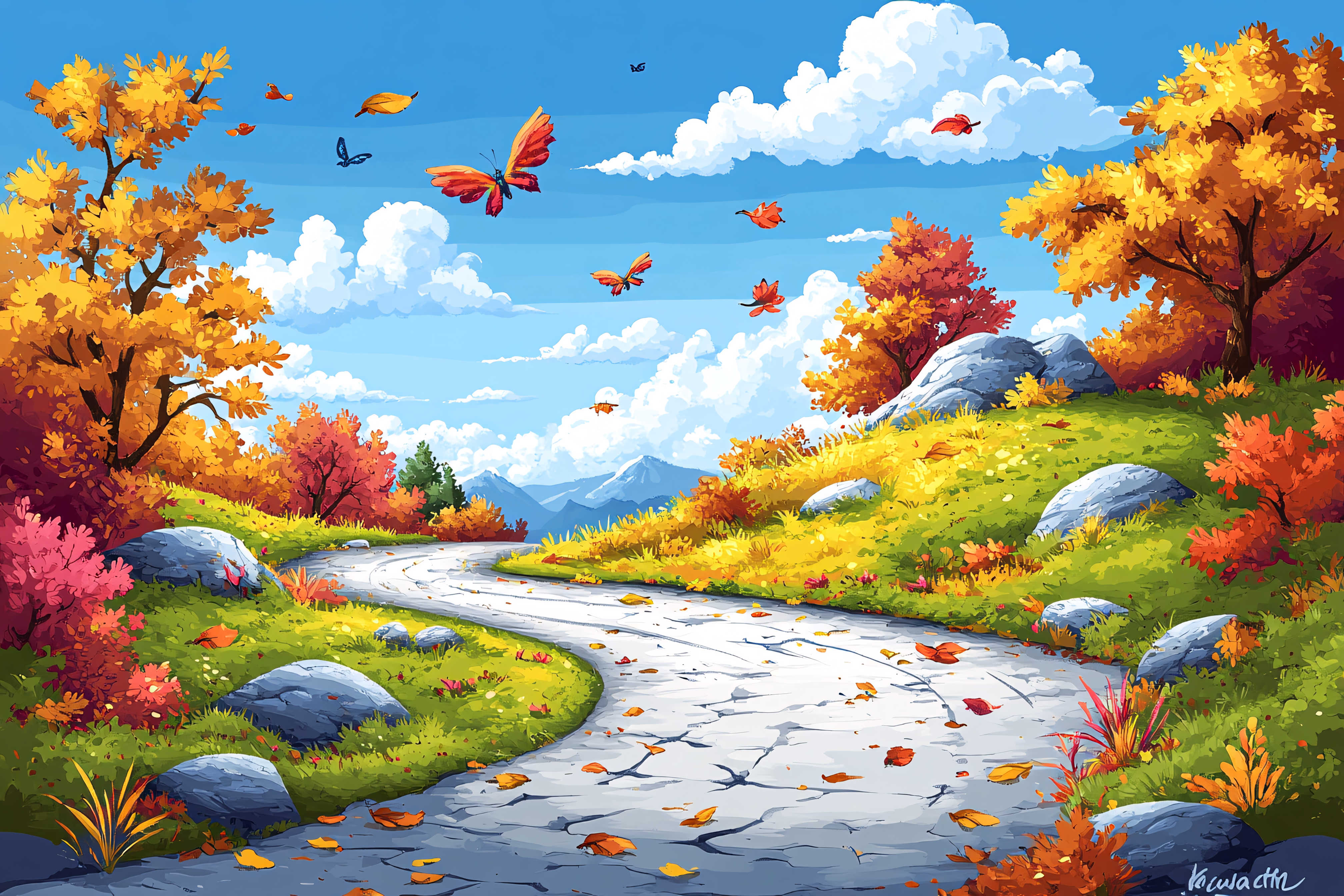 Autumn Road with Butterflies