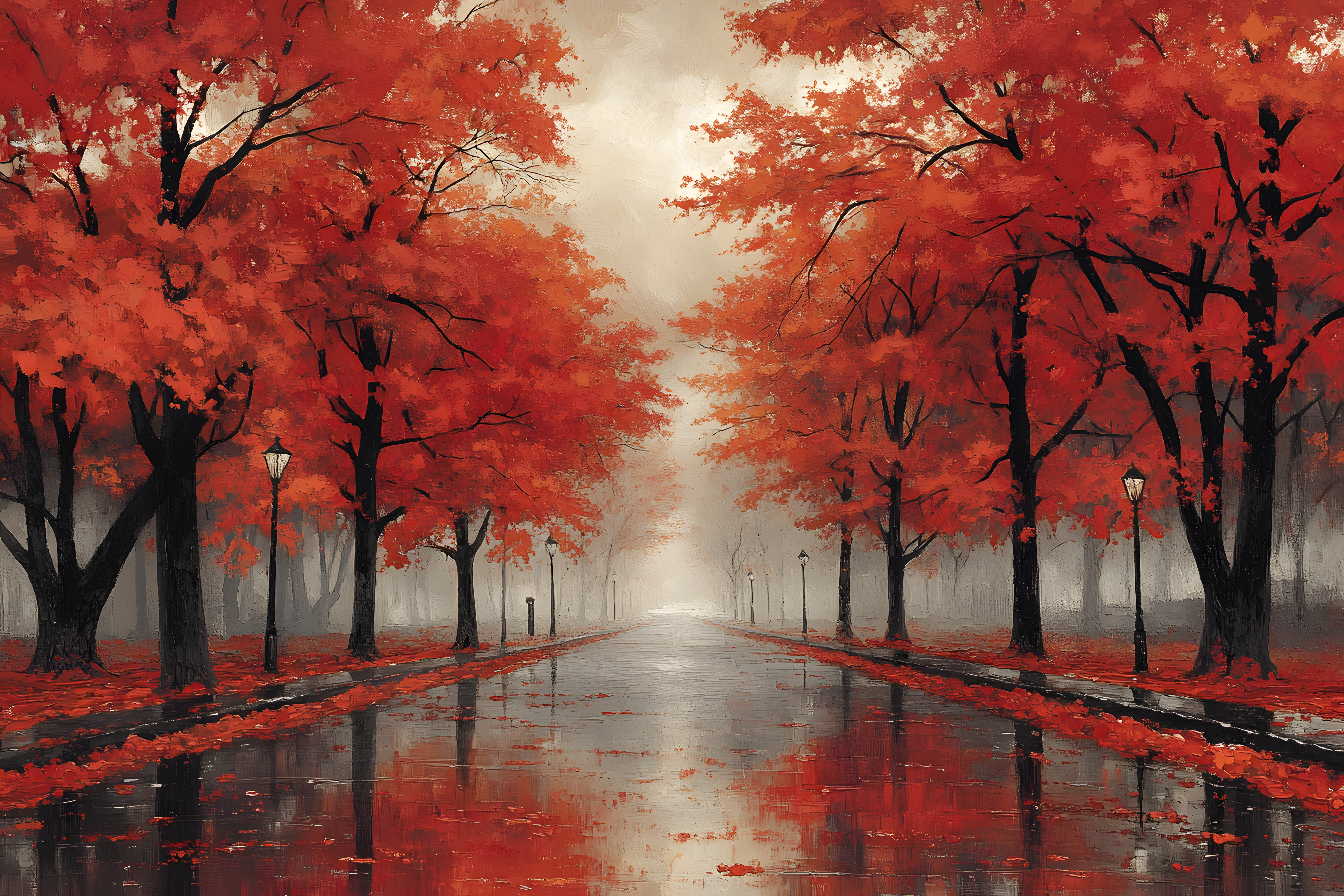Autumn Road with Red Trees
