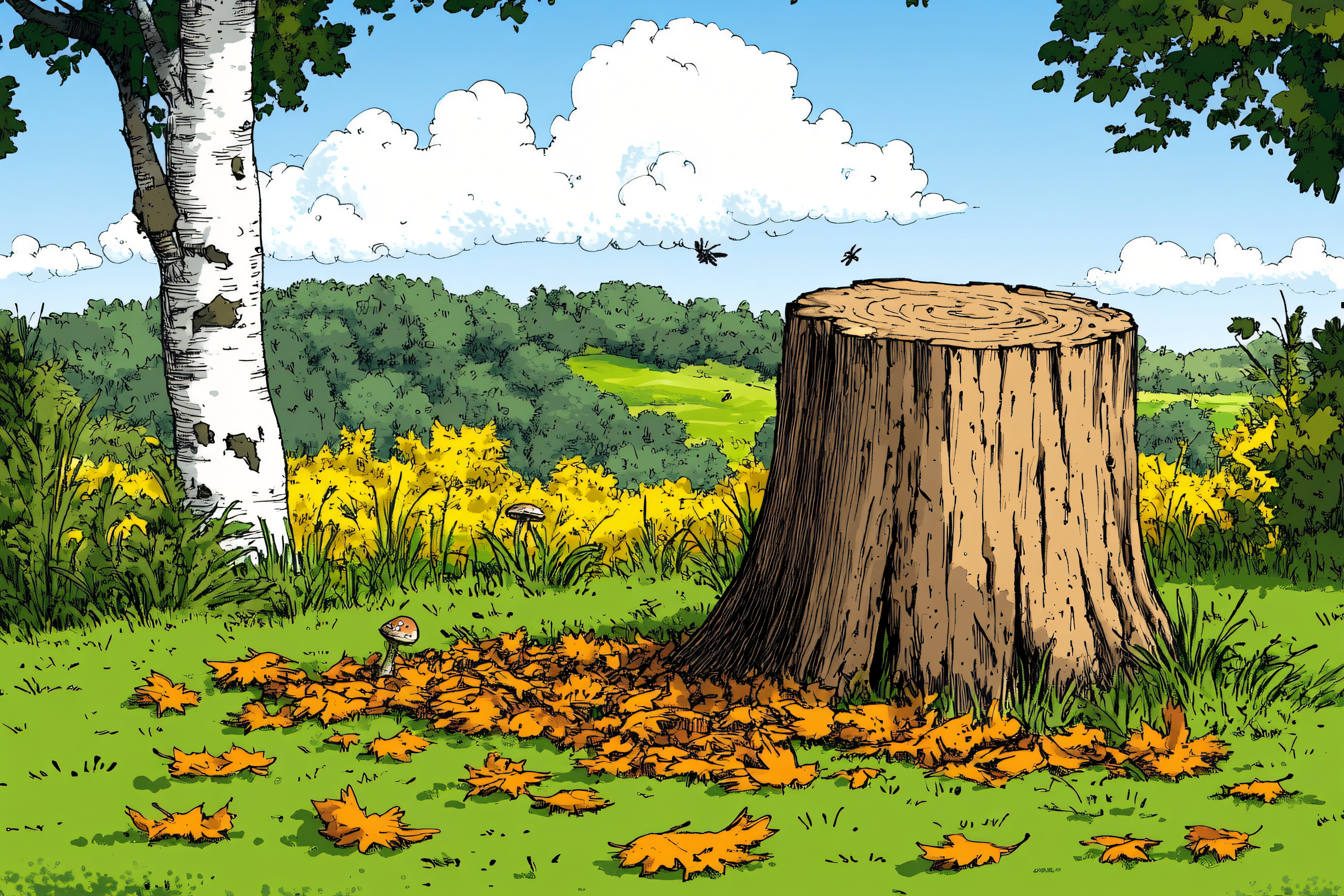 Autumn Scene with Tree Stump and Fallen Leaves