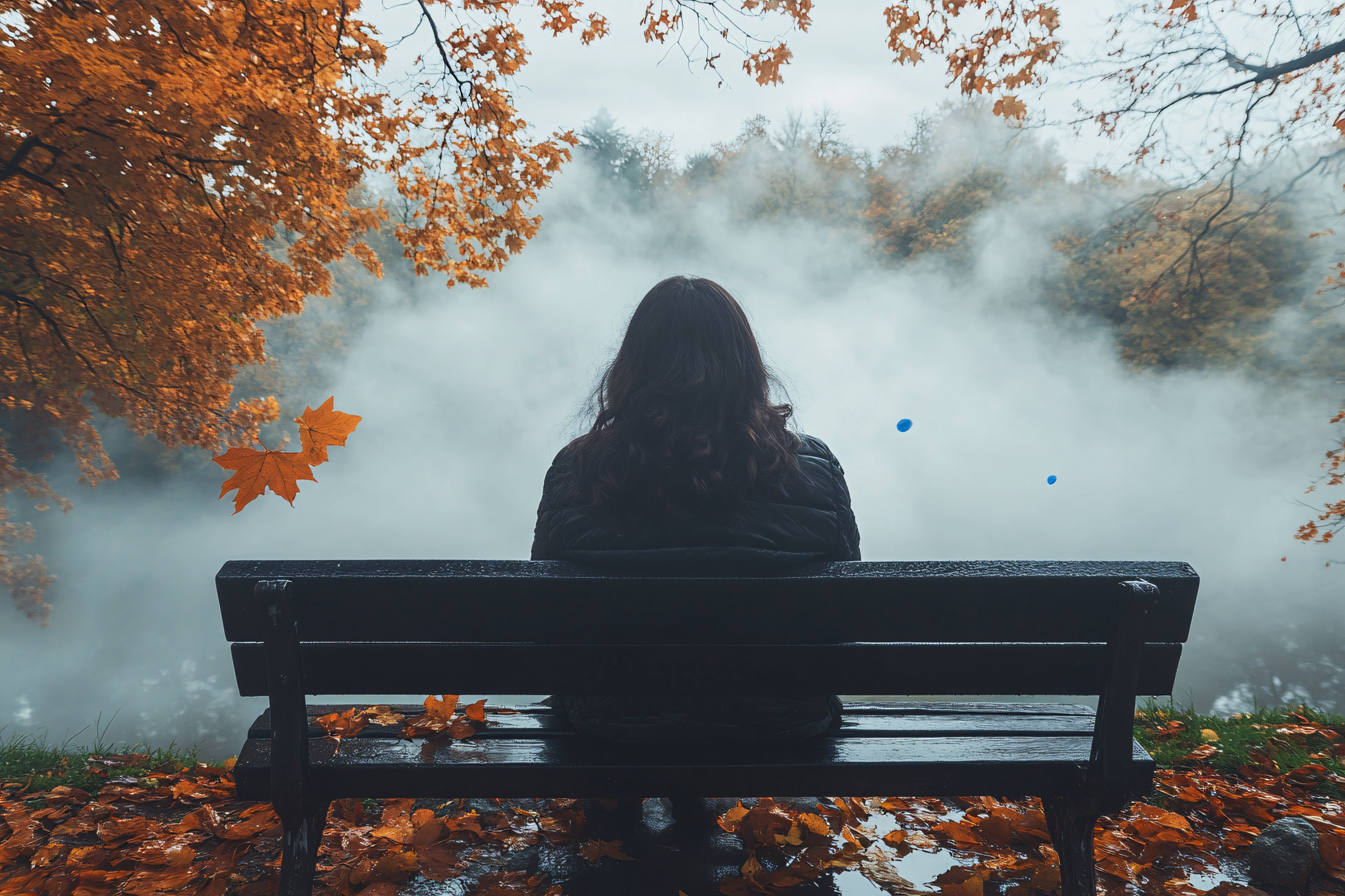 Autumn Serenity: Woman Contemplating Foggy Landscape from Bench
