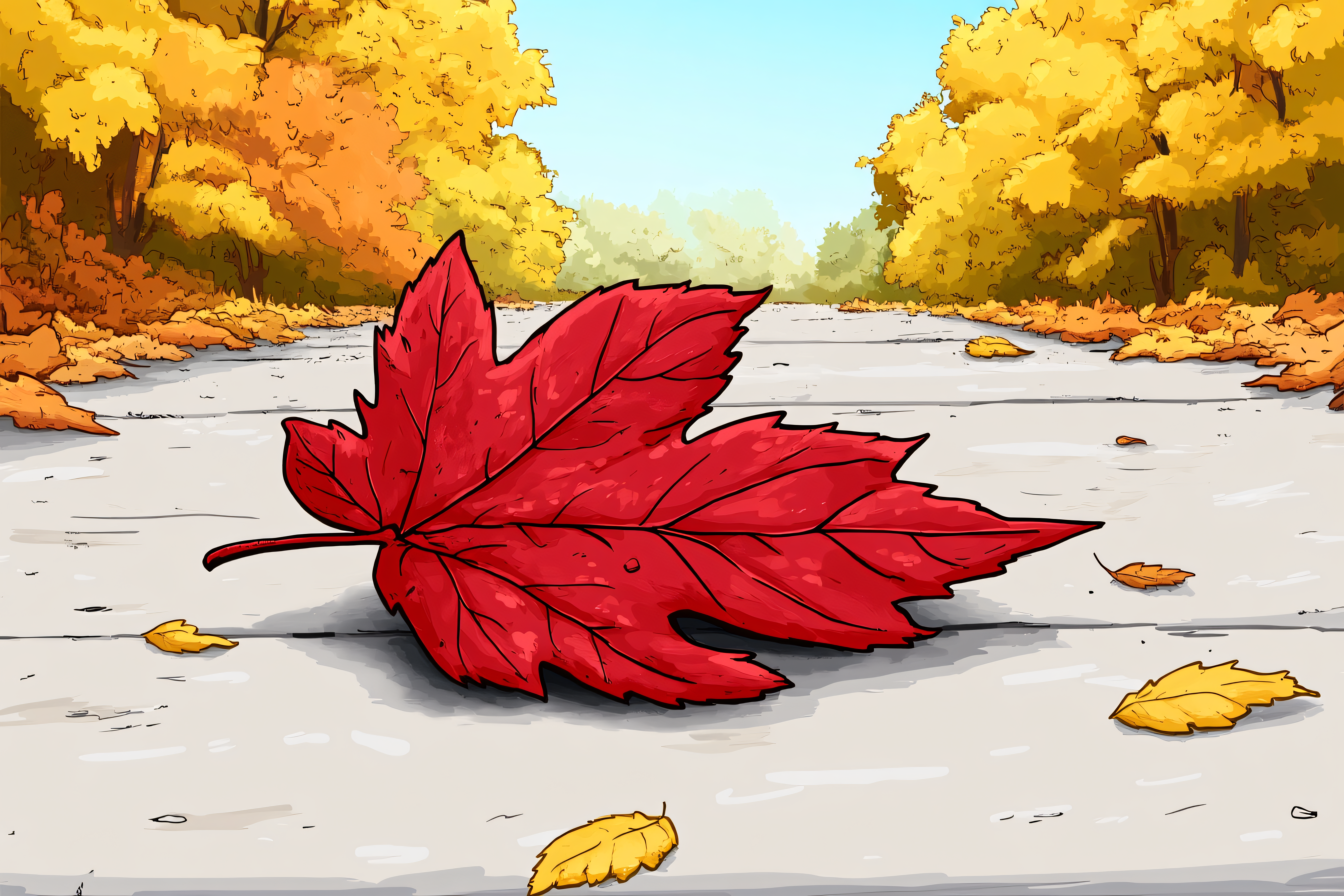 Autumnal Road with Red Maple Leaf