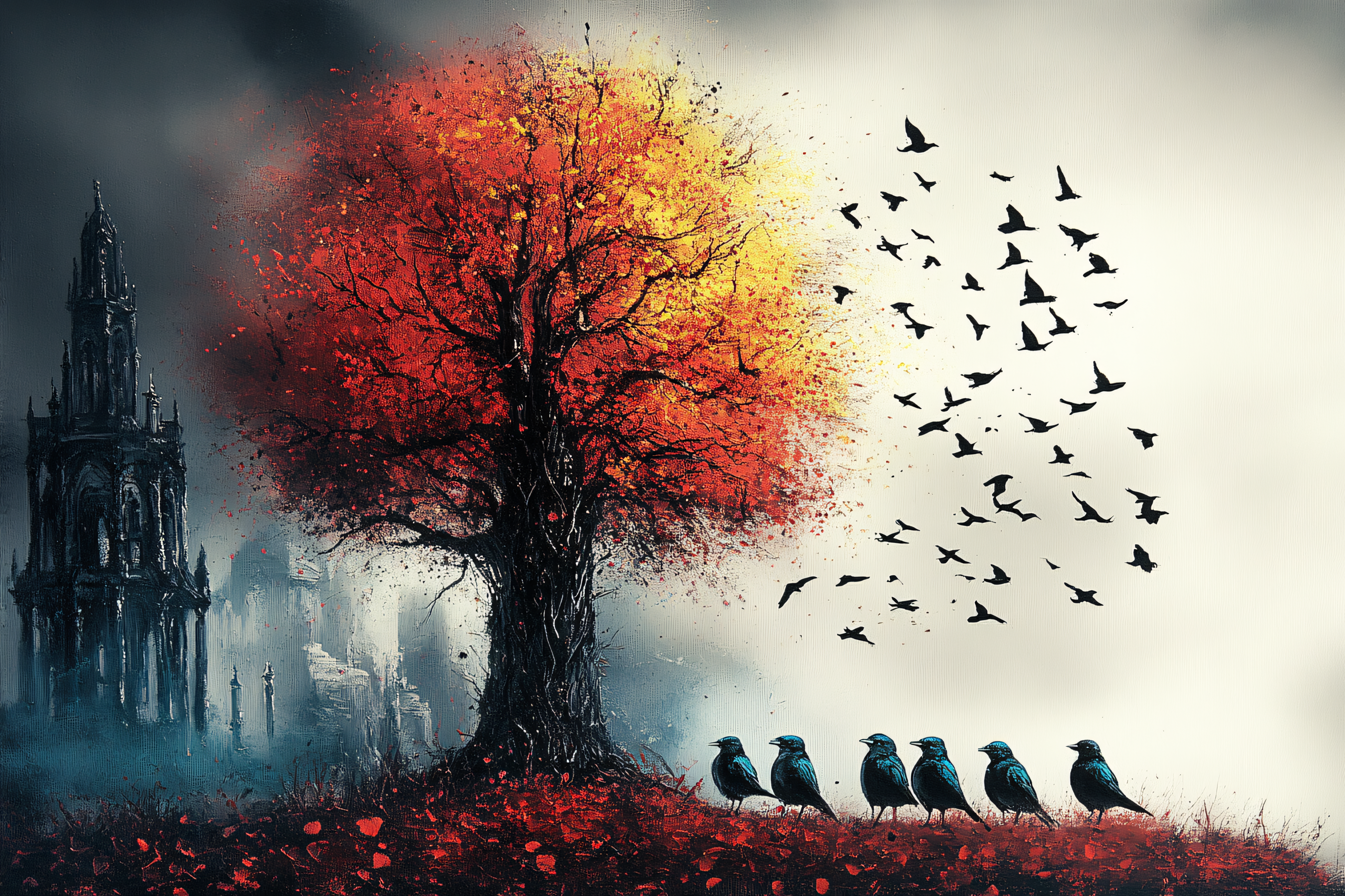 Autumnal Tree with Birds and Gothic Spire