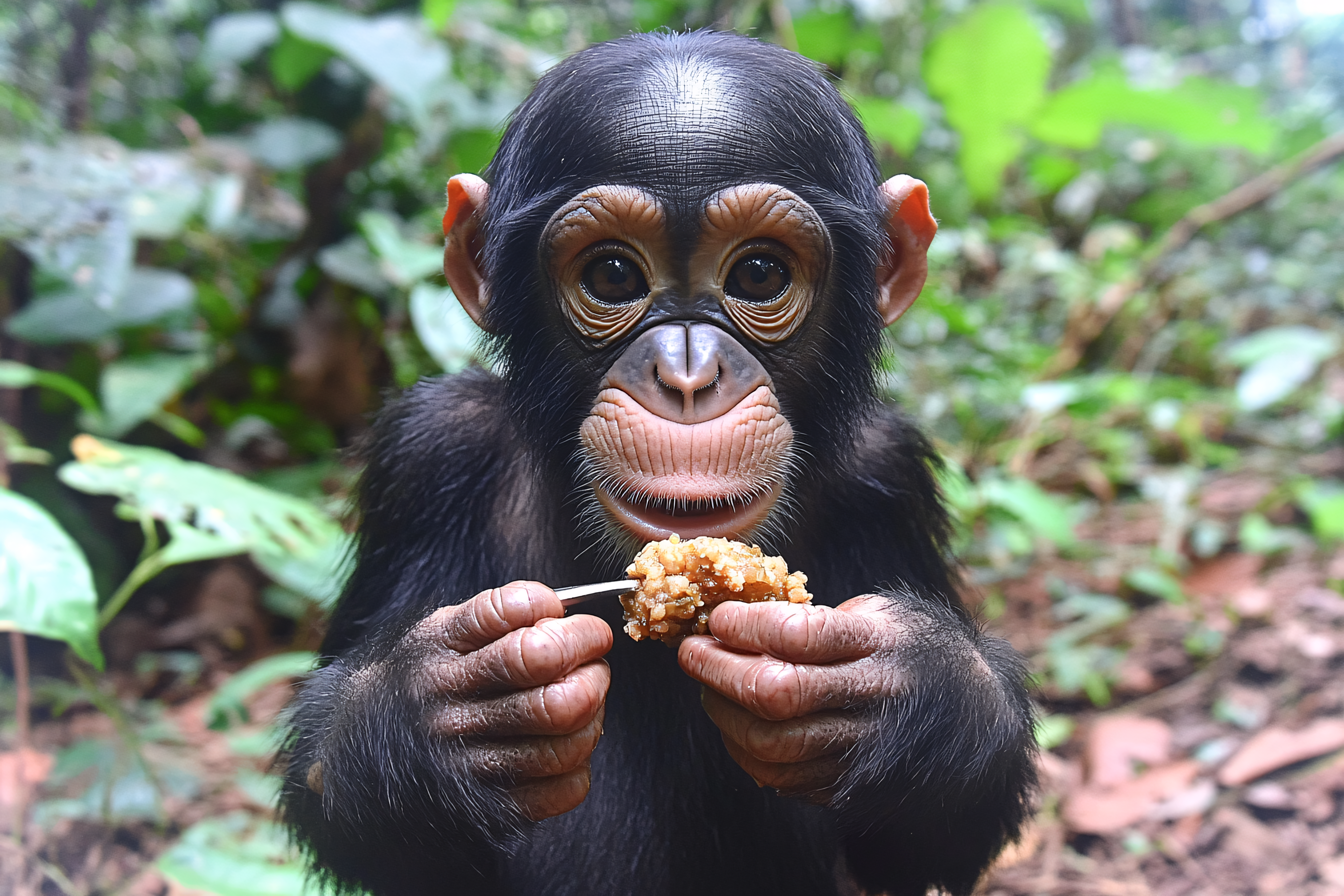 Baby Chimpanzee Eating With Spoon