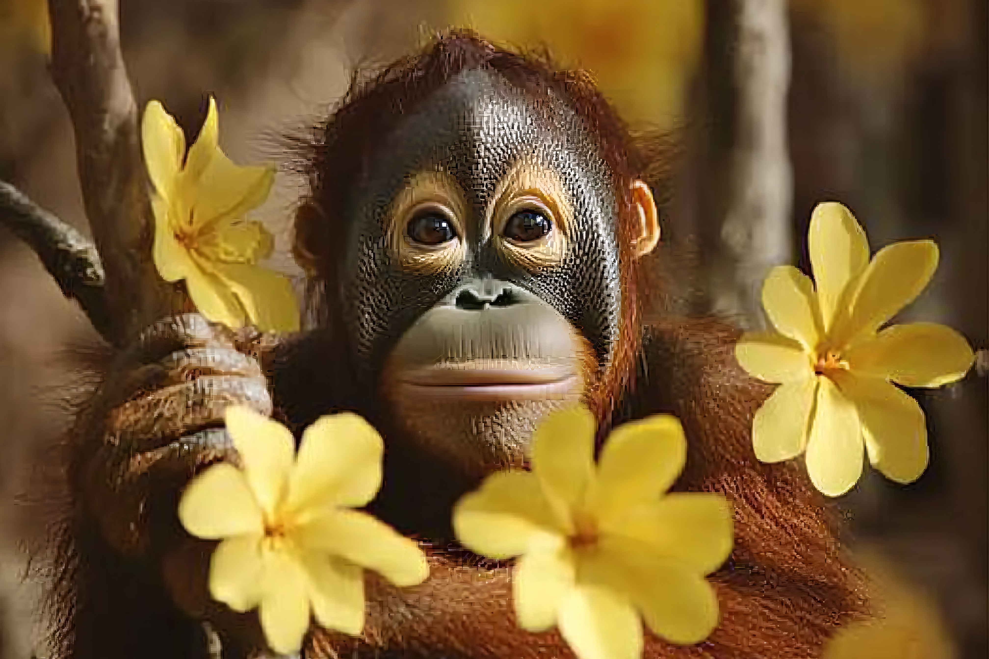 Baby Orangutan With Yellow Flowers